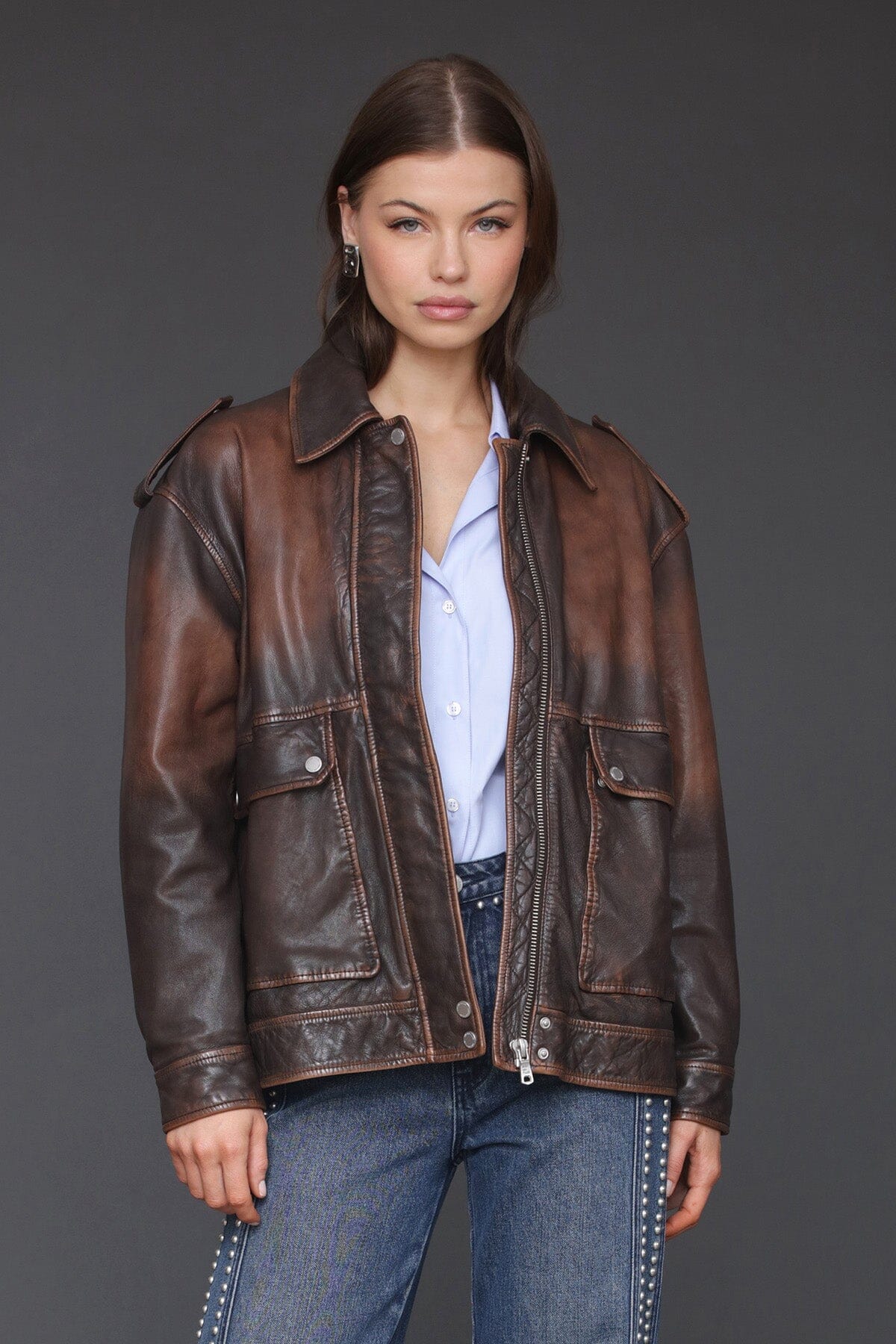 Vintage Wash Genuine Leather Aviator Jacket - Image 3