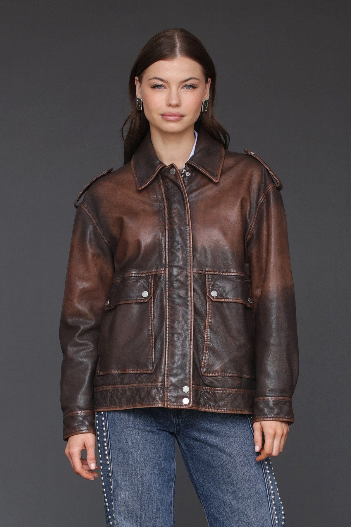 Vintage Wash Genuine Leather Aviator Jacket - Image 4