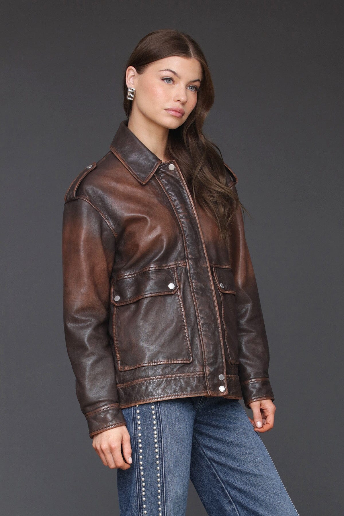 Vintage Wash Genuine Leather Aviator Jacket - Image 5