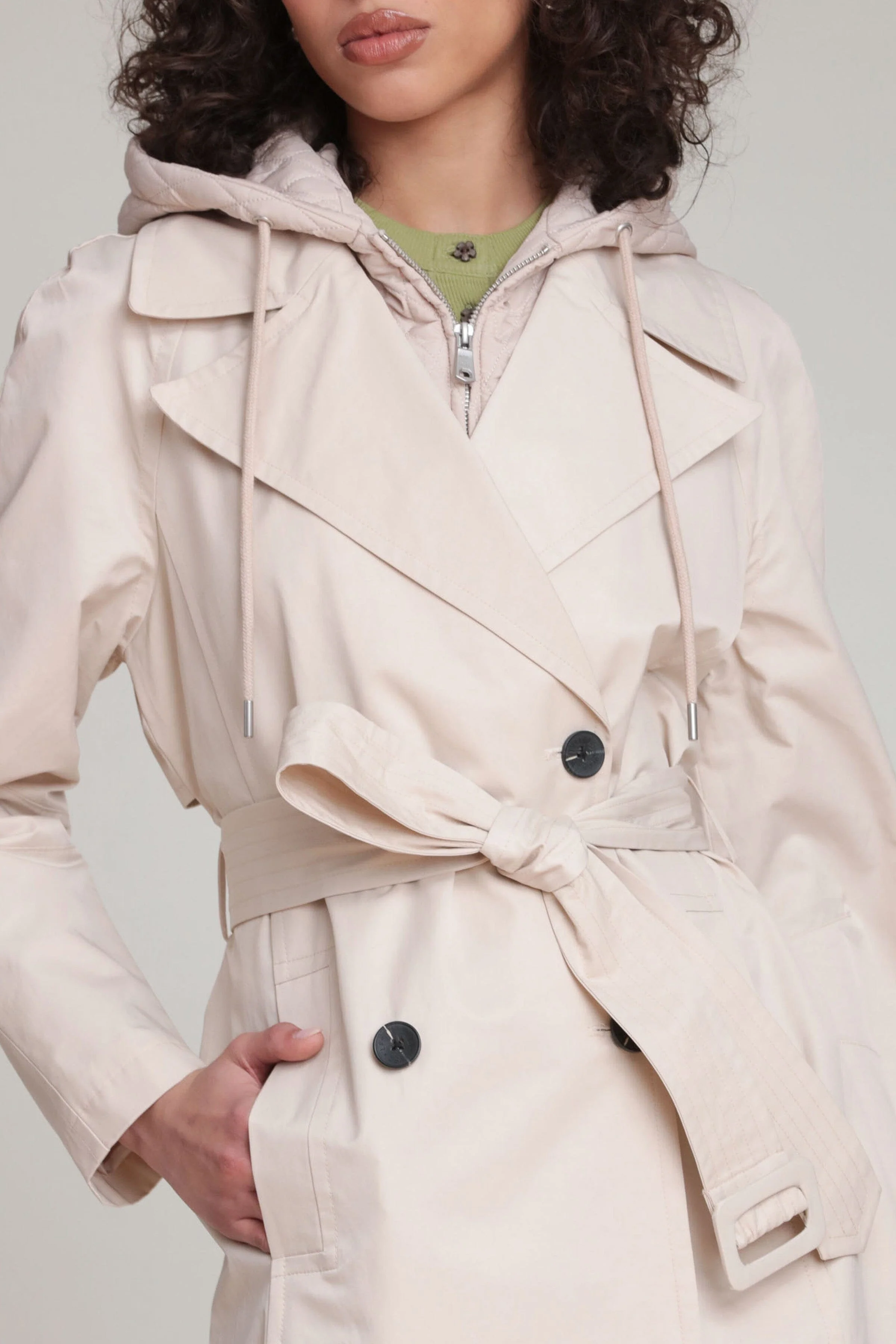 Quilted Hoodie Cotton Nylon Trench Coat - Image 7