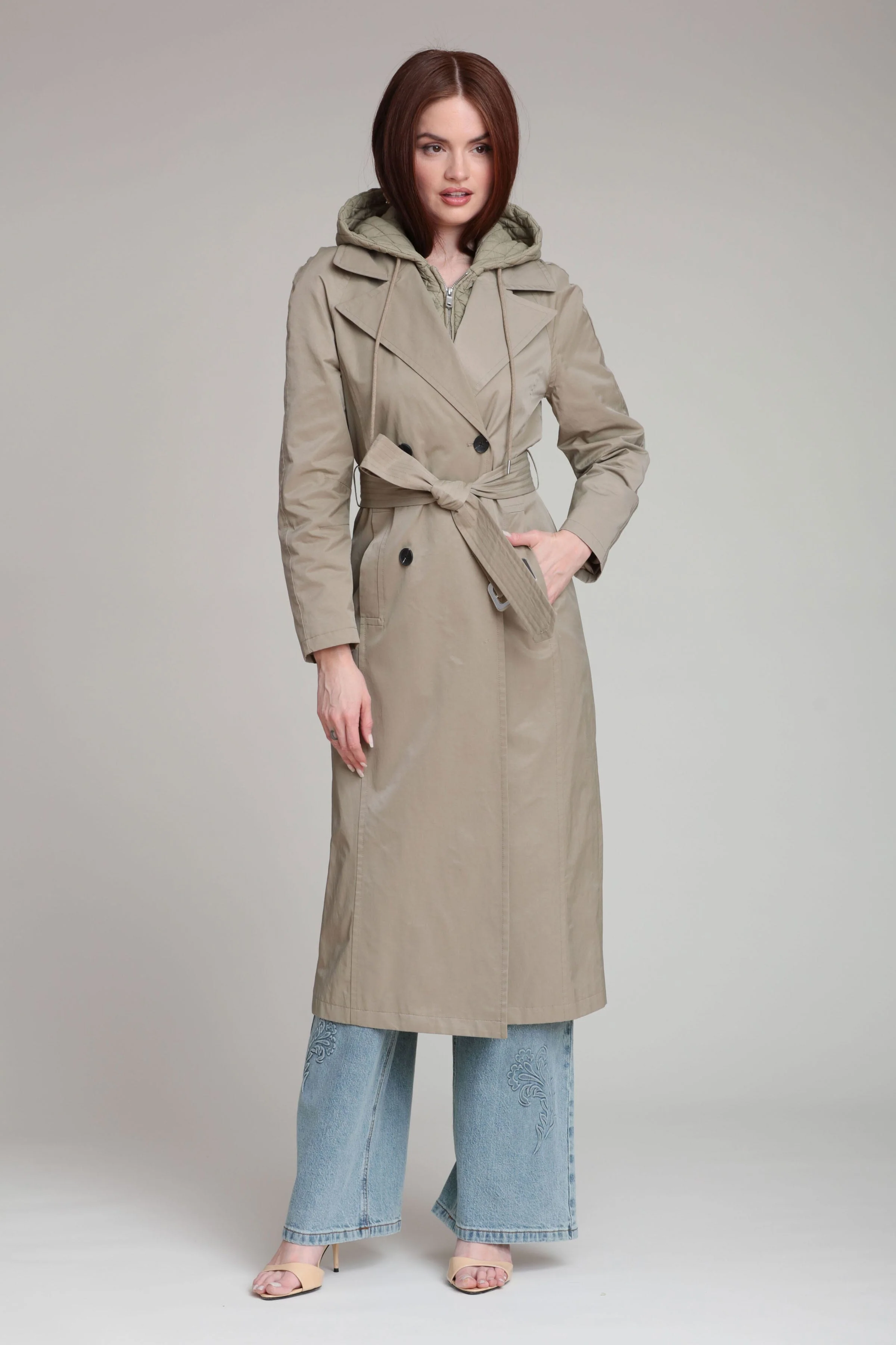 Quilted Hoodie Cotton Nylon Trench Coat - Image 3