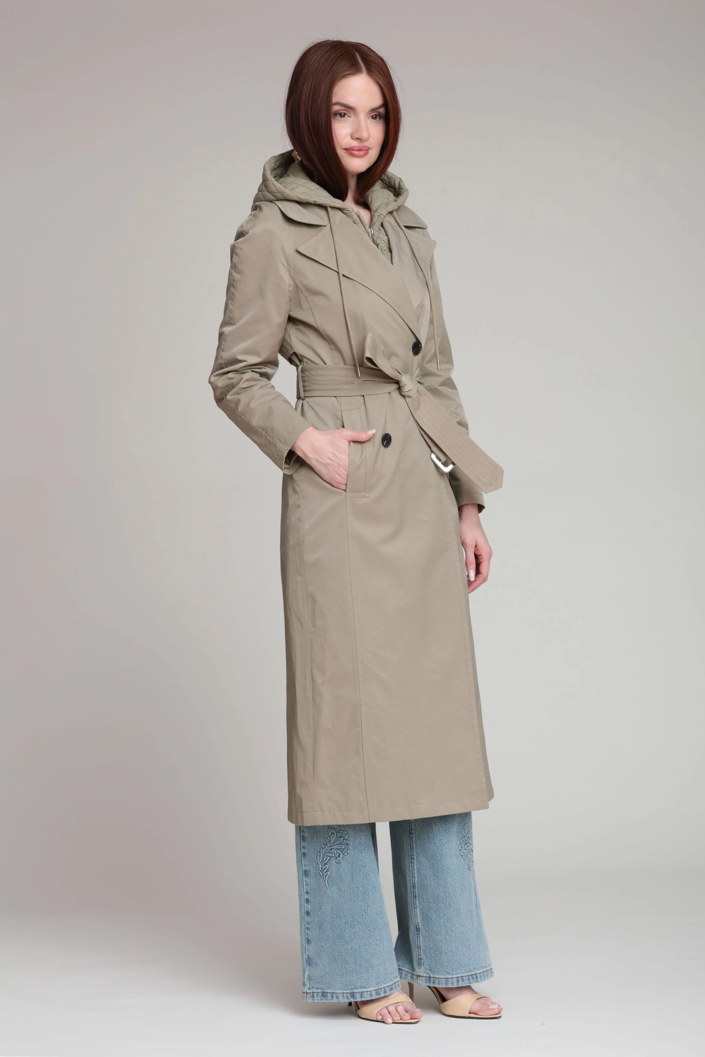 Quilted Hoodie Cotton Nylon Trench Coat - Image 5