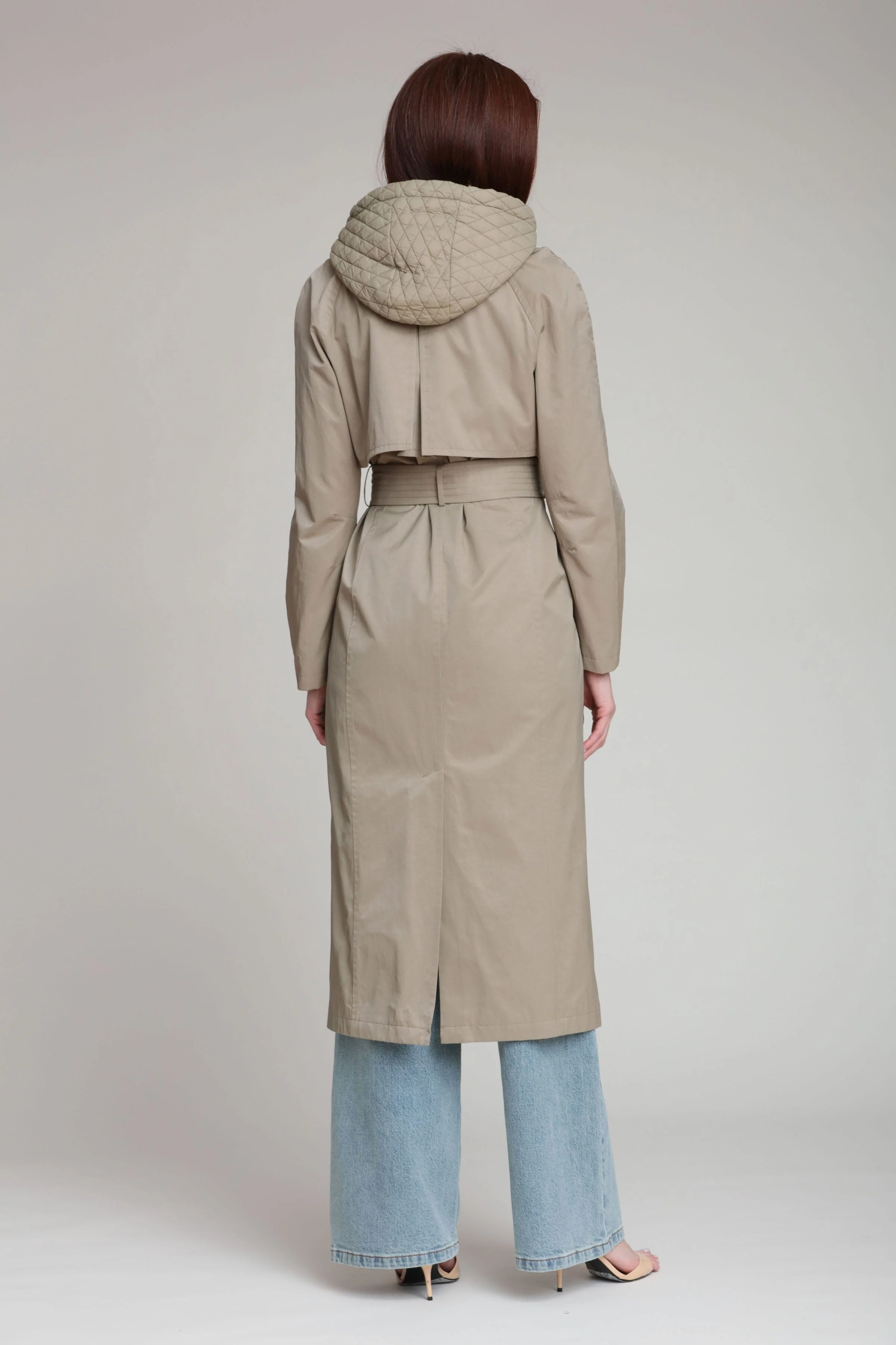 Quilted Hoodie Cotton Nylon Trench Coat - Image 6