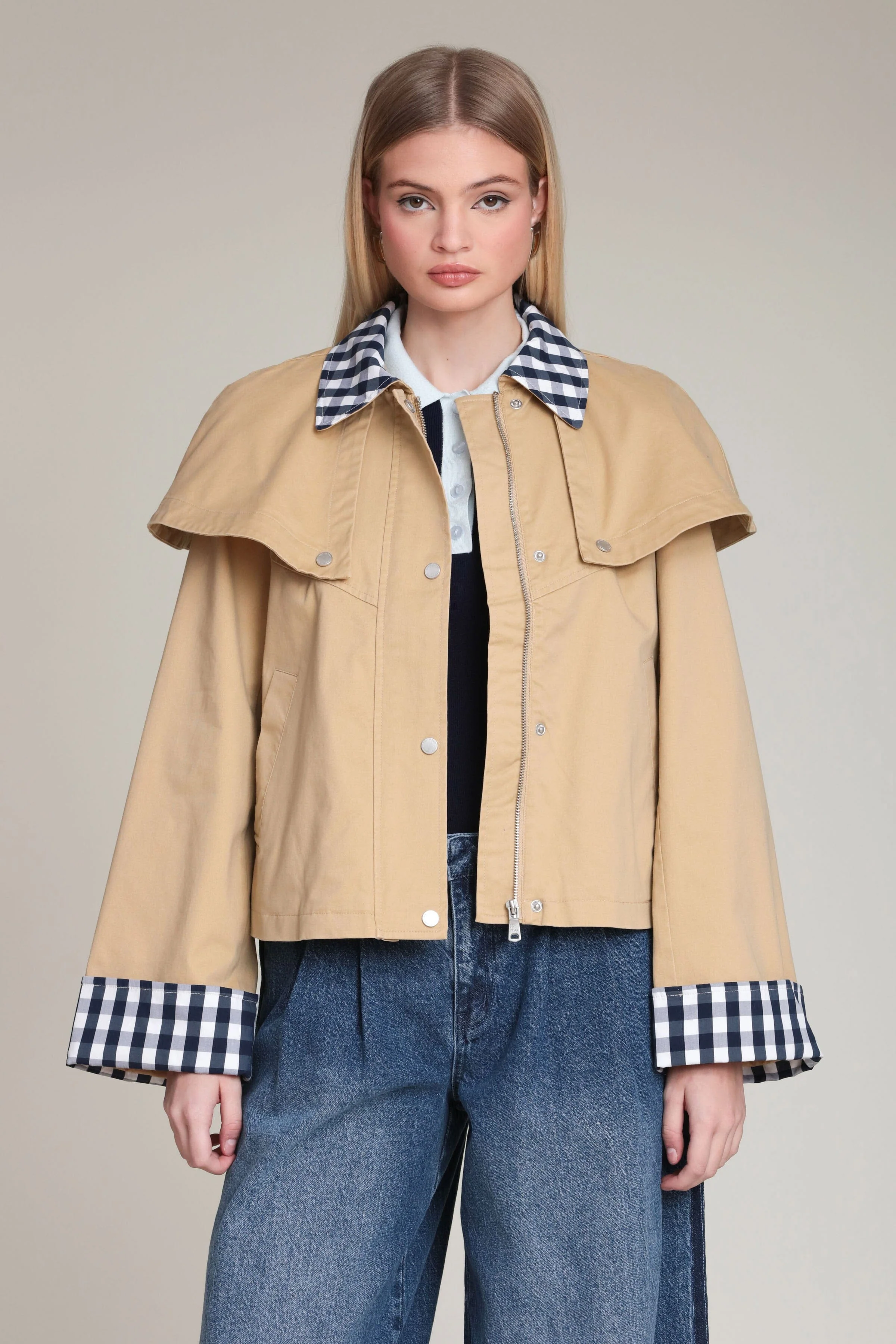 Gingham Trim Cotton Cape Jacket - Image 3