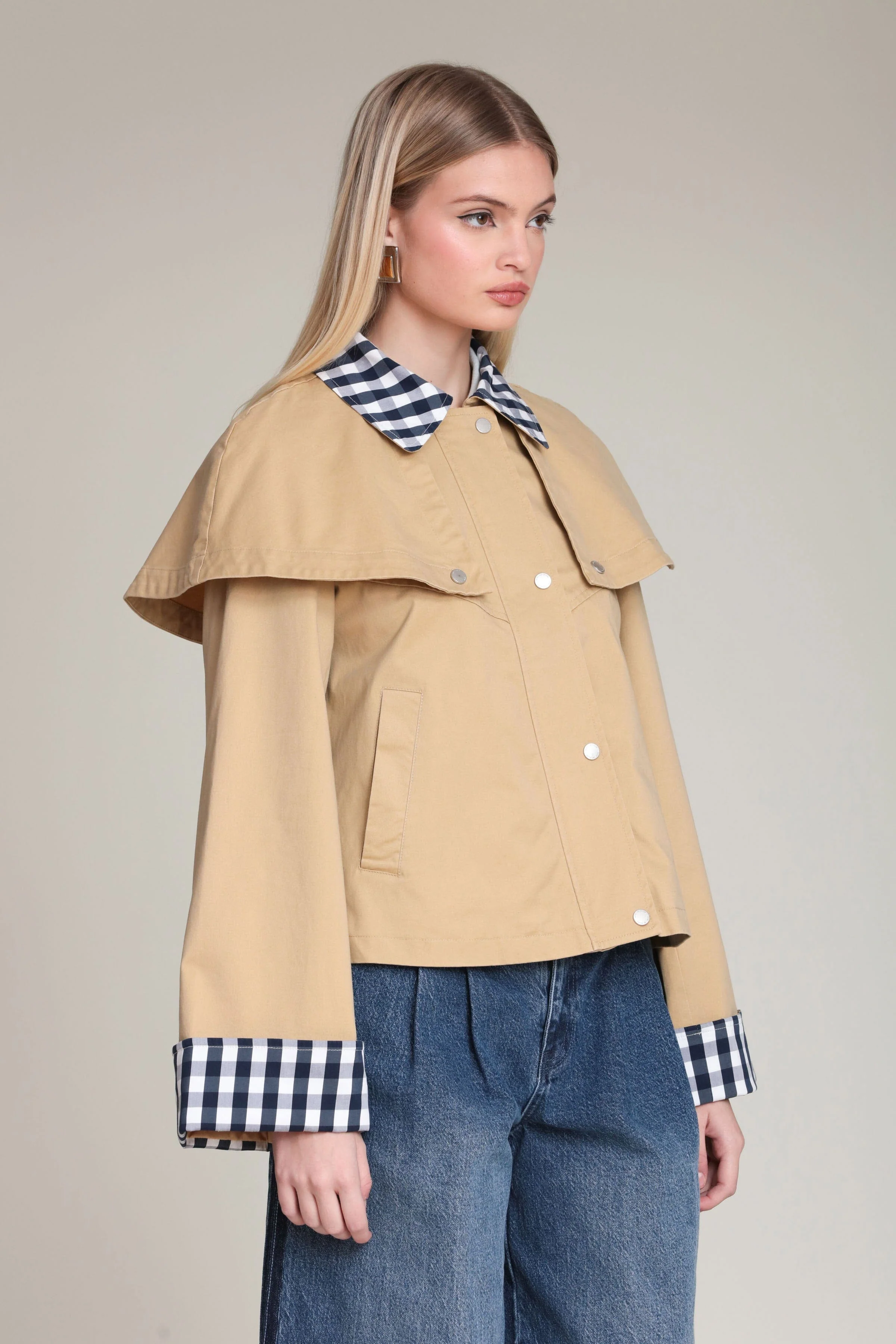 Gingham Trim Cotton Cape Jacket - Image 5