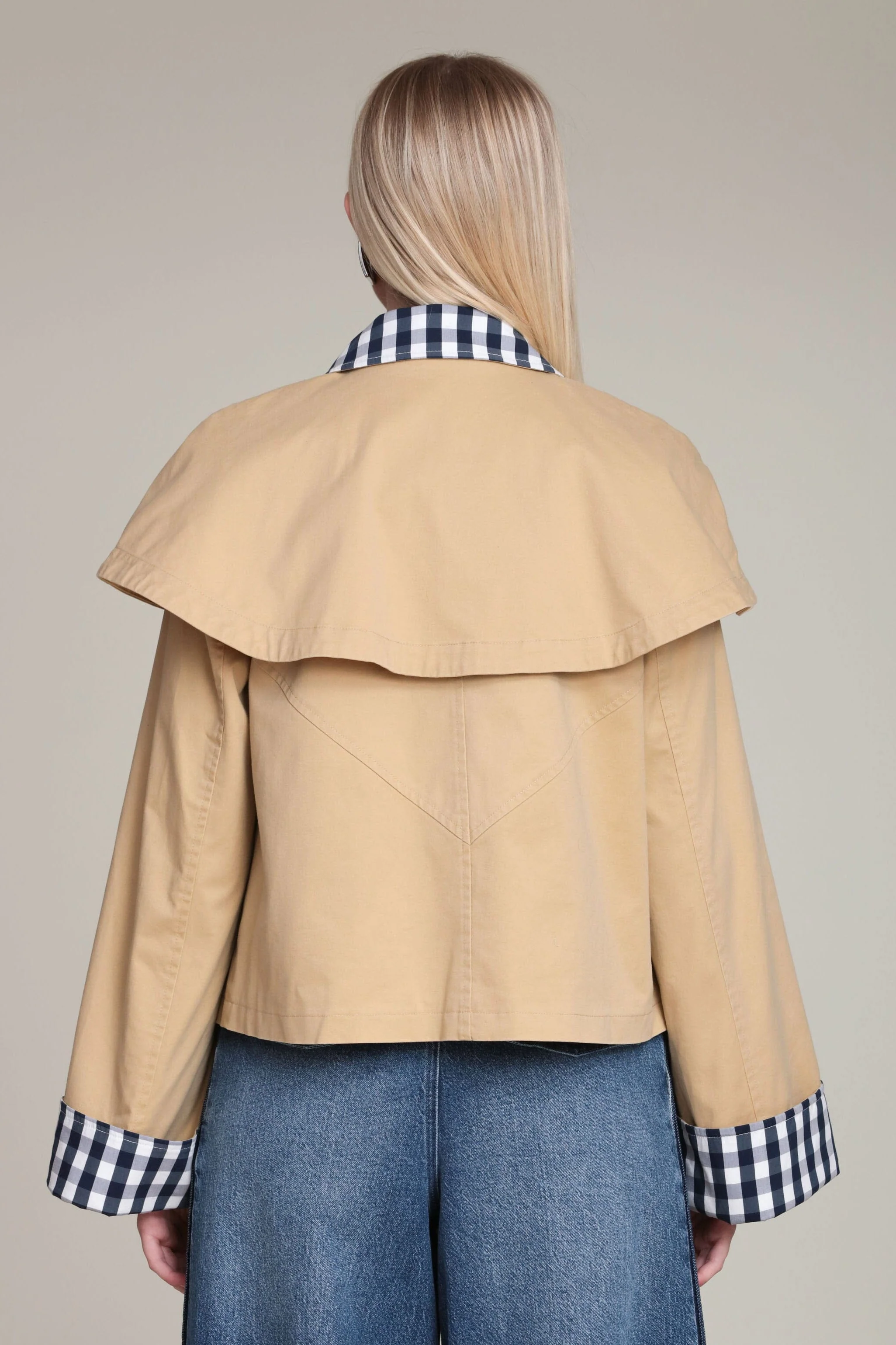 Gingham Trim Cotton Cape Jacket - Image 6