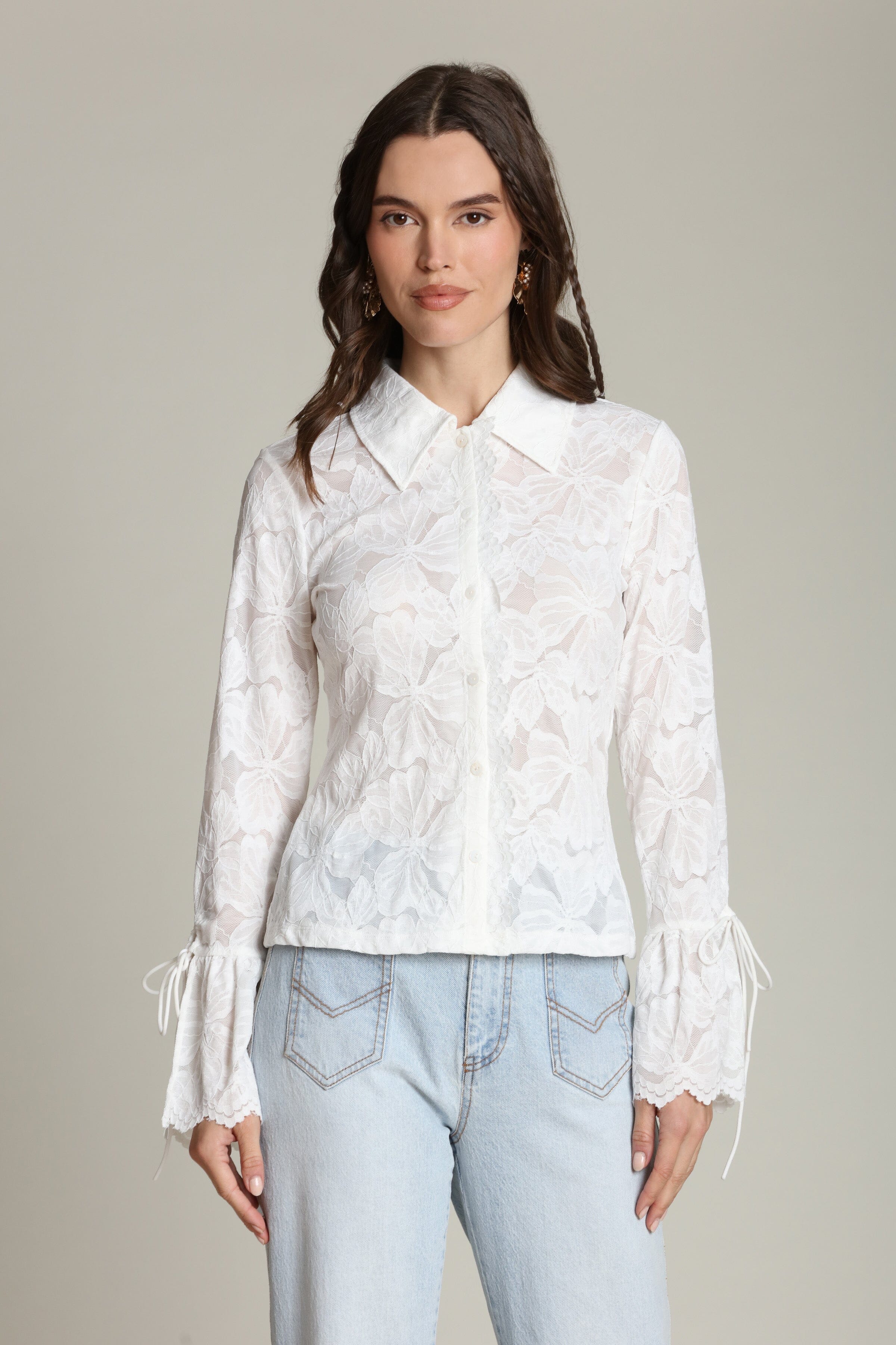 Sheer Lace Tie Cuff Shirt - Image 3