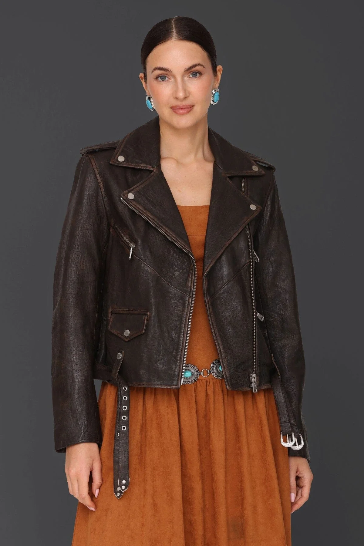 Genuine Leather Western Belted Biker Jacket - Image 4