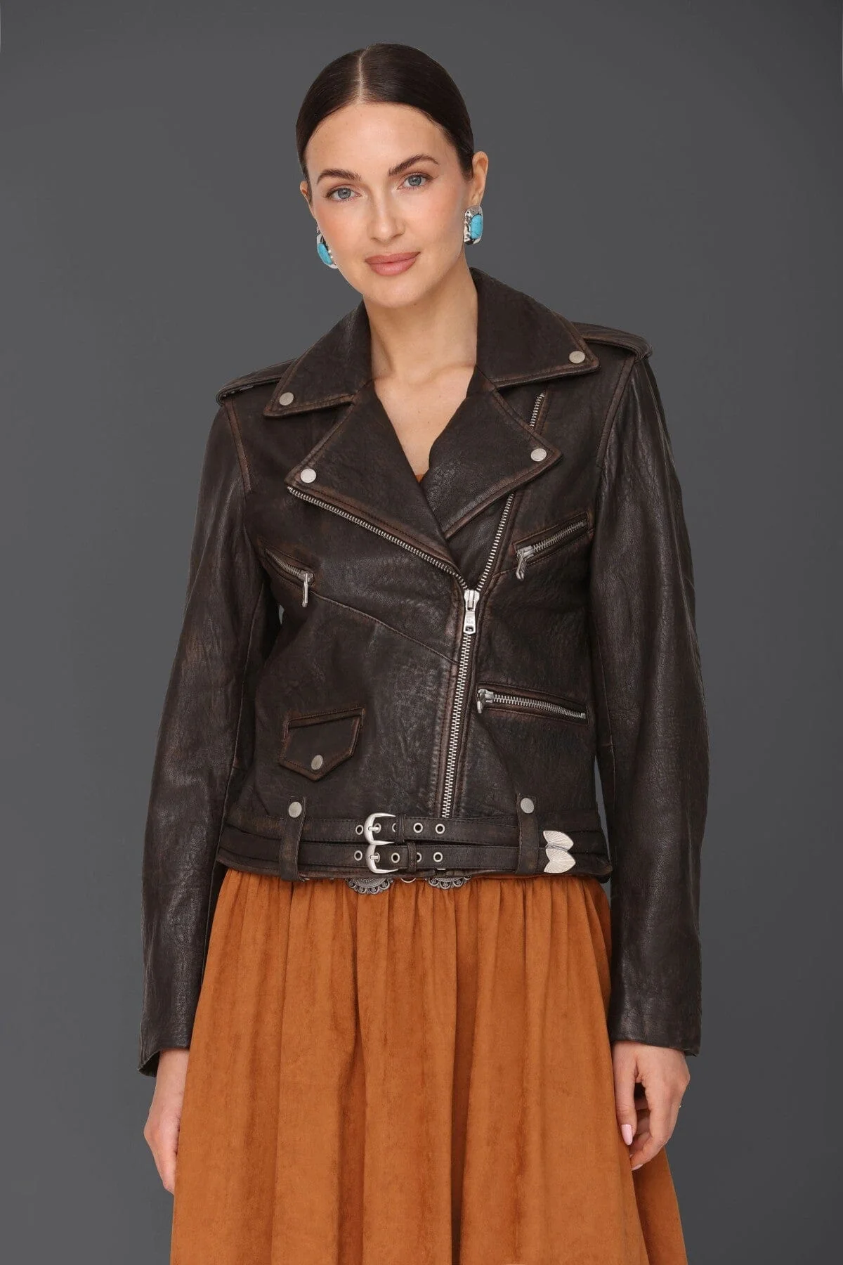 Genuine Leather Western Belted Biker Jacket - Image 5