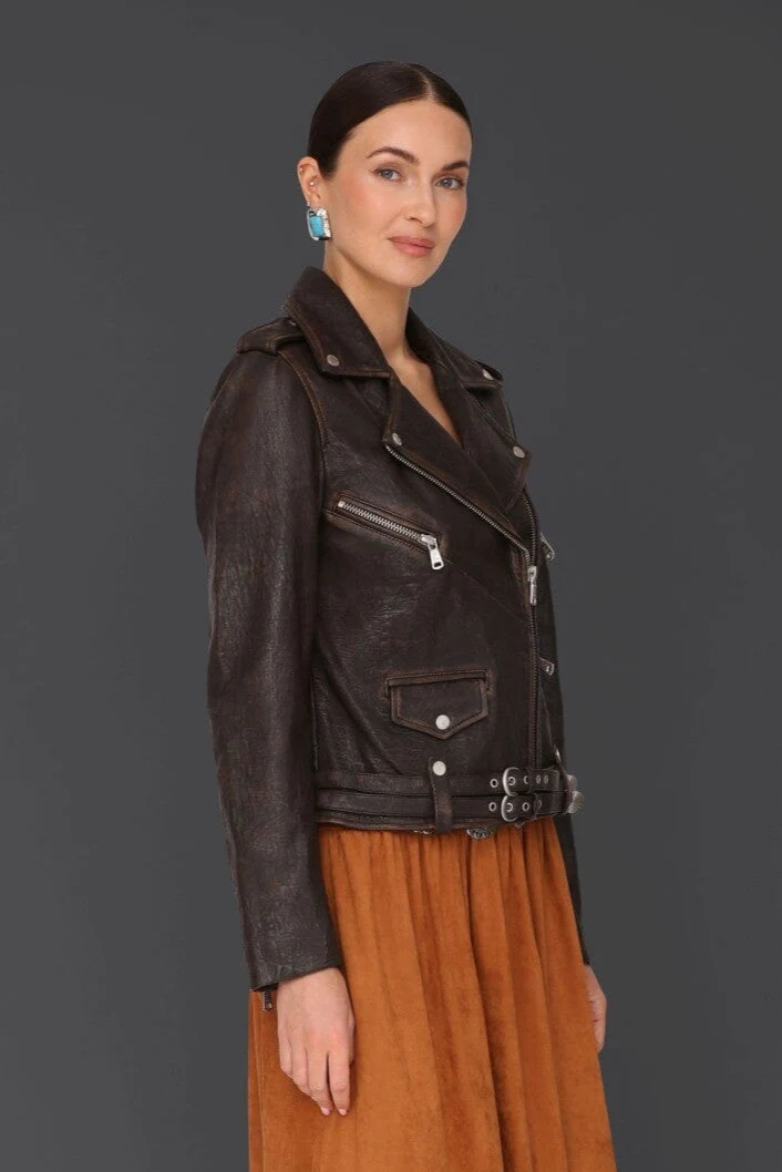 Genuine Leather Western Belted Biker Jacket - Image 6
