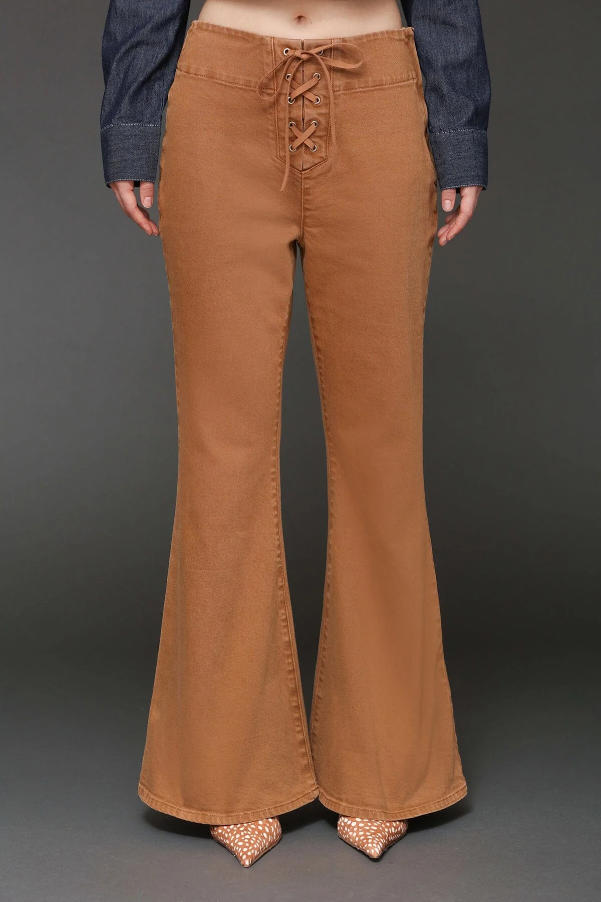 Lace Up Washed Cotton Flare Pants - Image 3