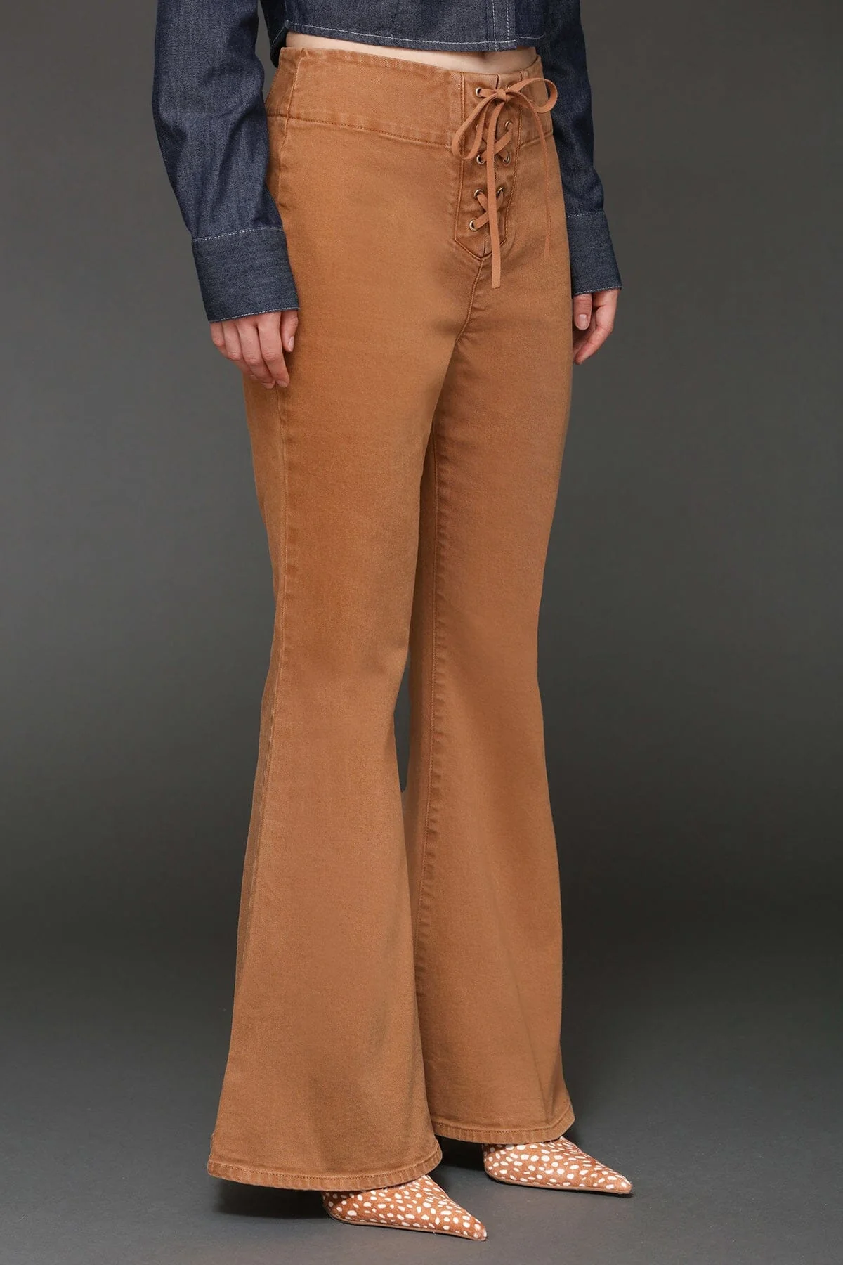 Lace Up Washed Cotton Flare Pants - Image 4