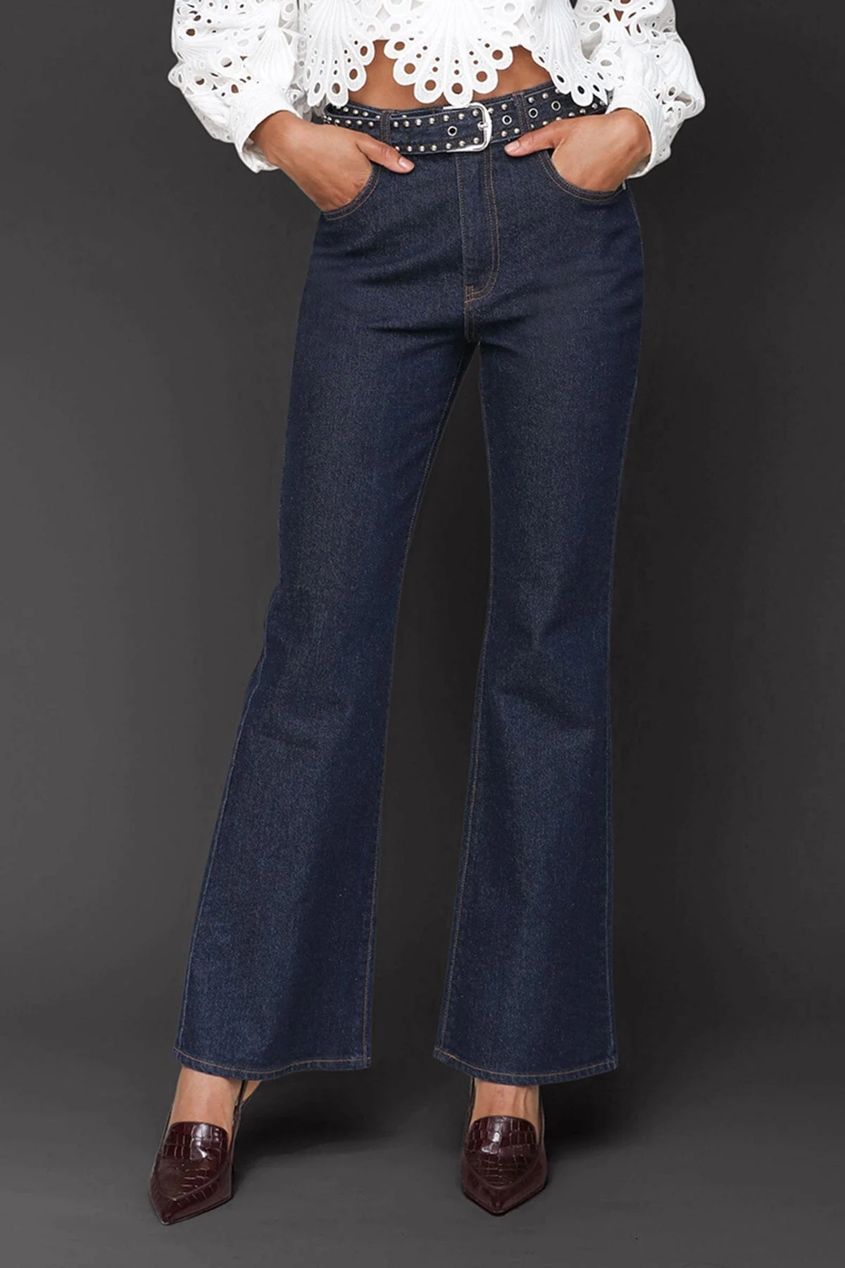 Studded Belted Flare Jeans - Image 3
