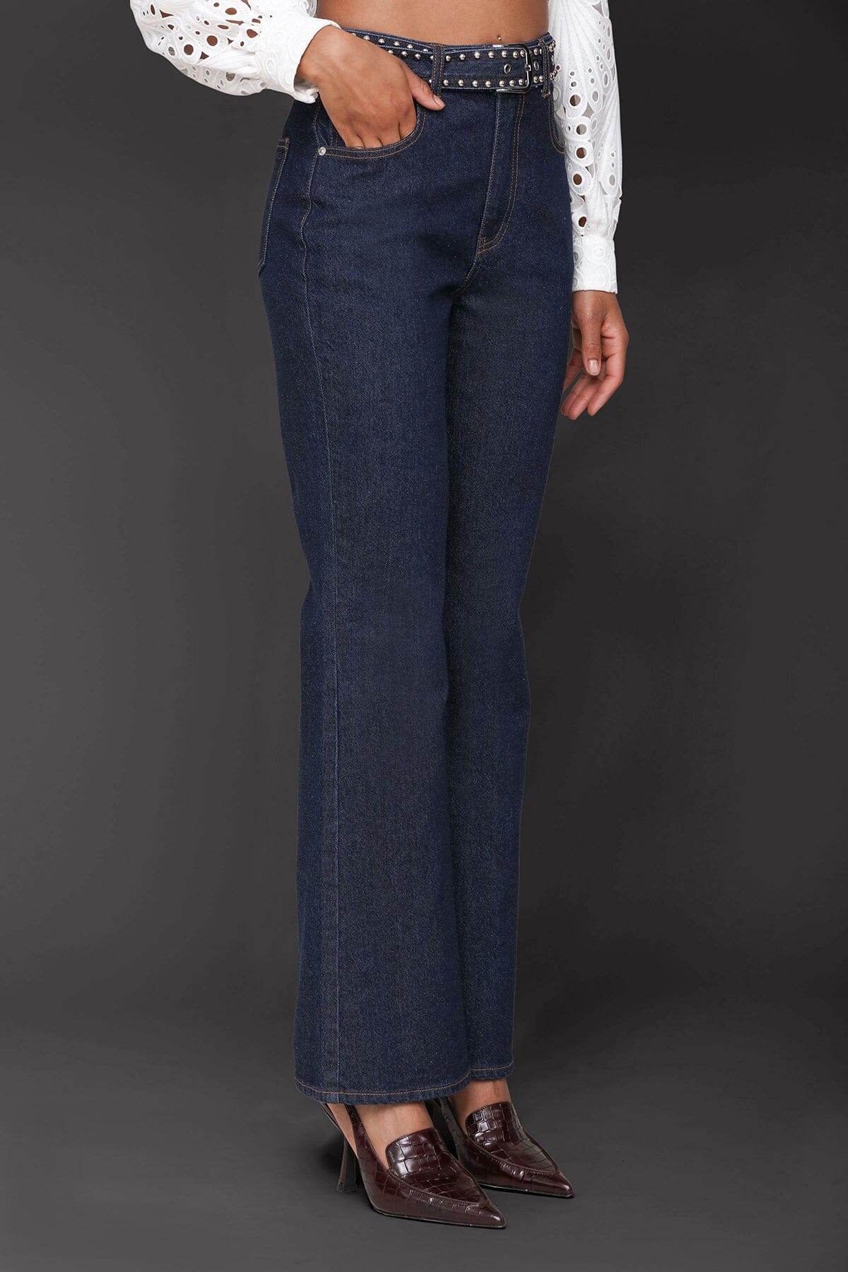 Studded Belted Flare Jeans - Image 4