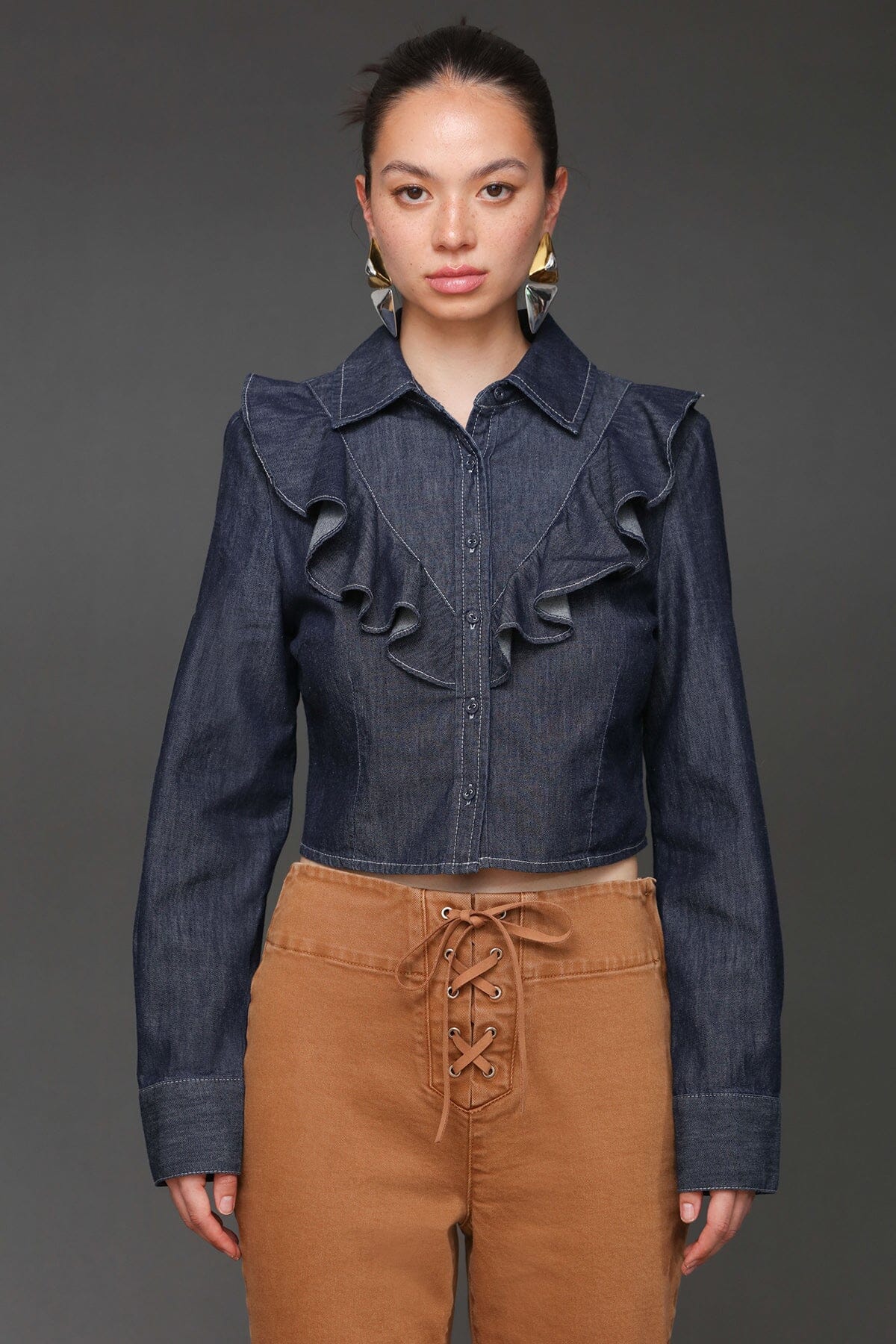 Ruffle Front Denim Cropped Shirt - Image 3