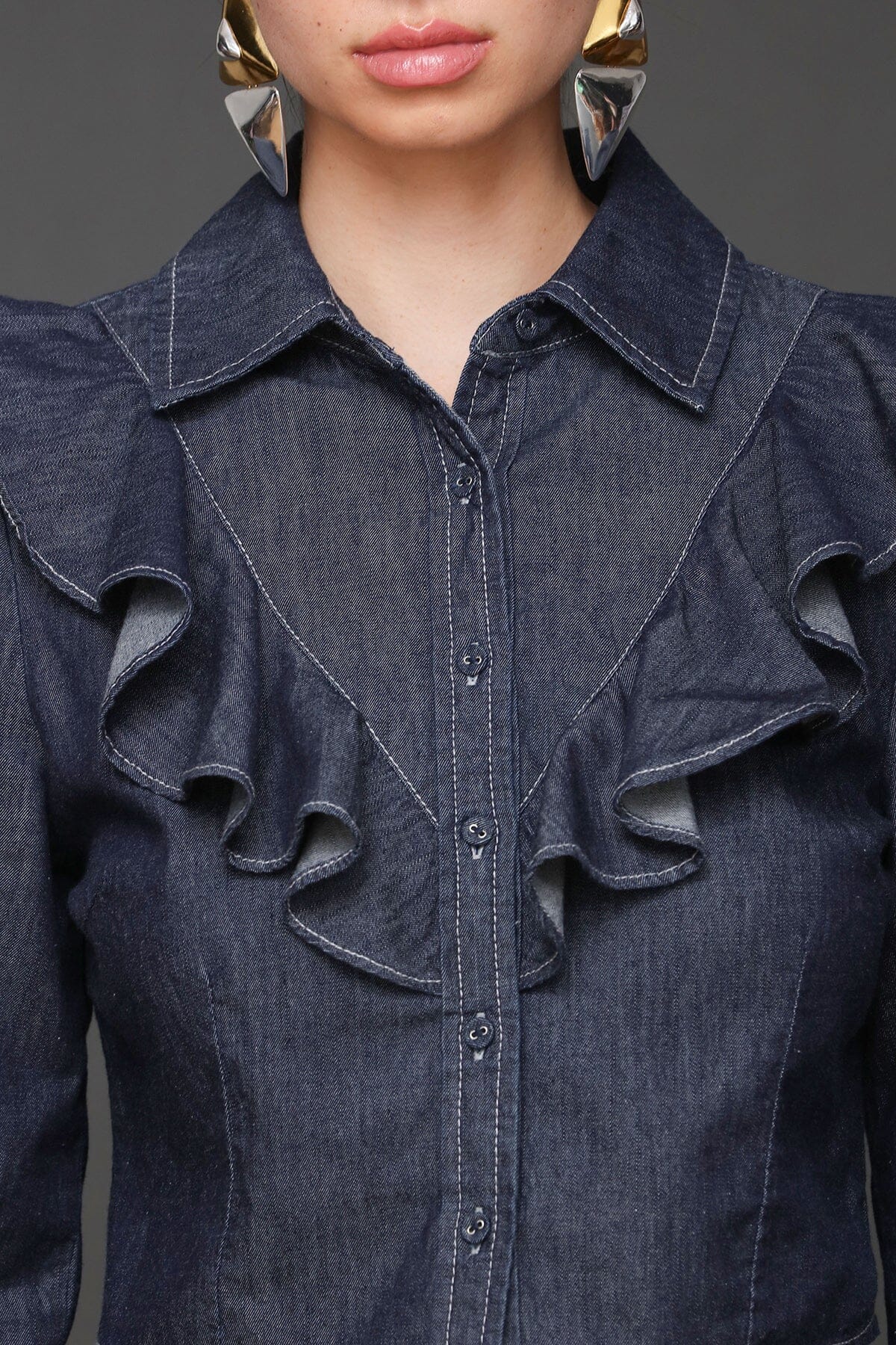 Ruffle Front Denim Cropped Shirt - Image 6