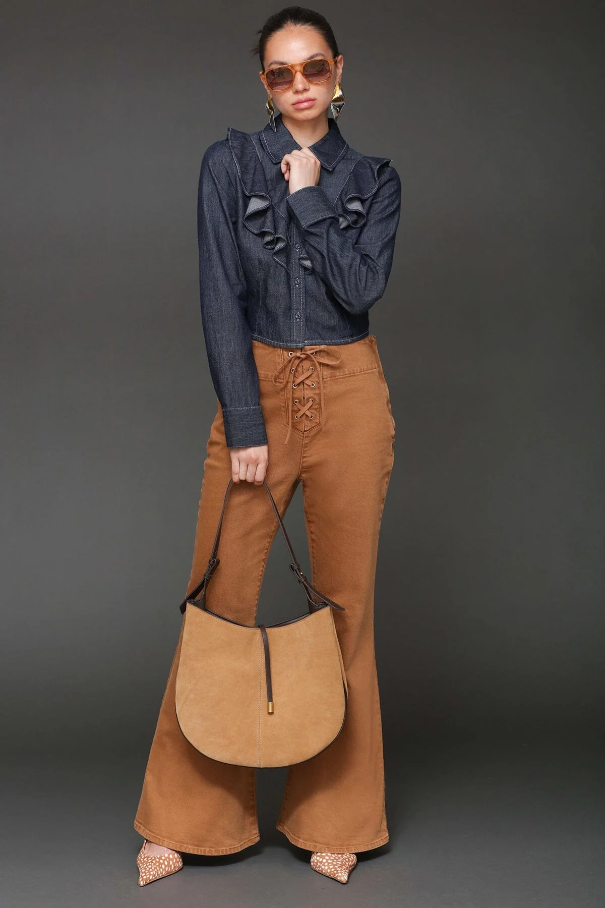 Ruffle Front Denim Cropped Shirt - Image 8