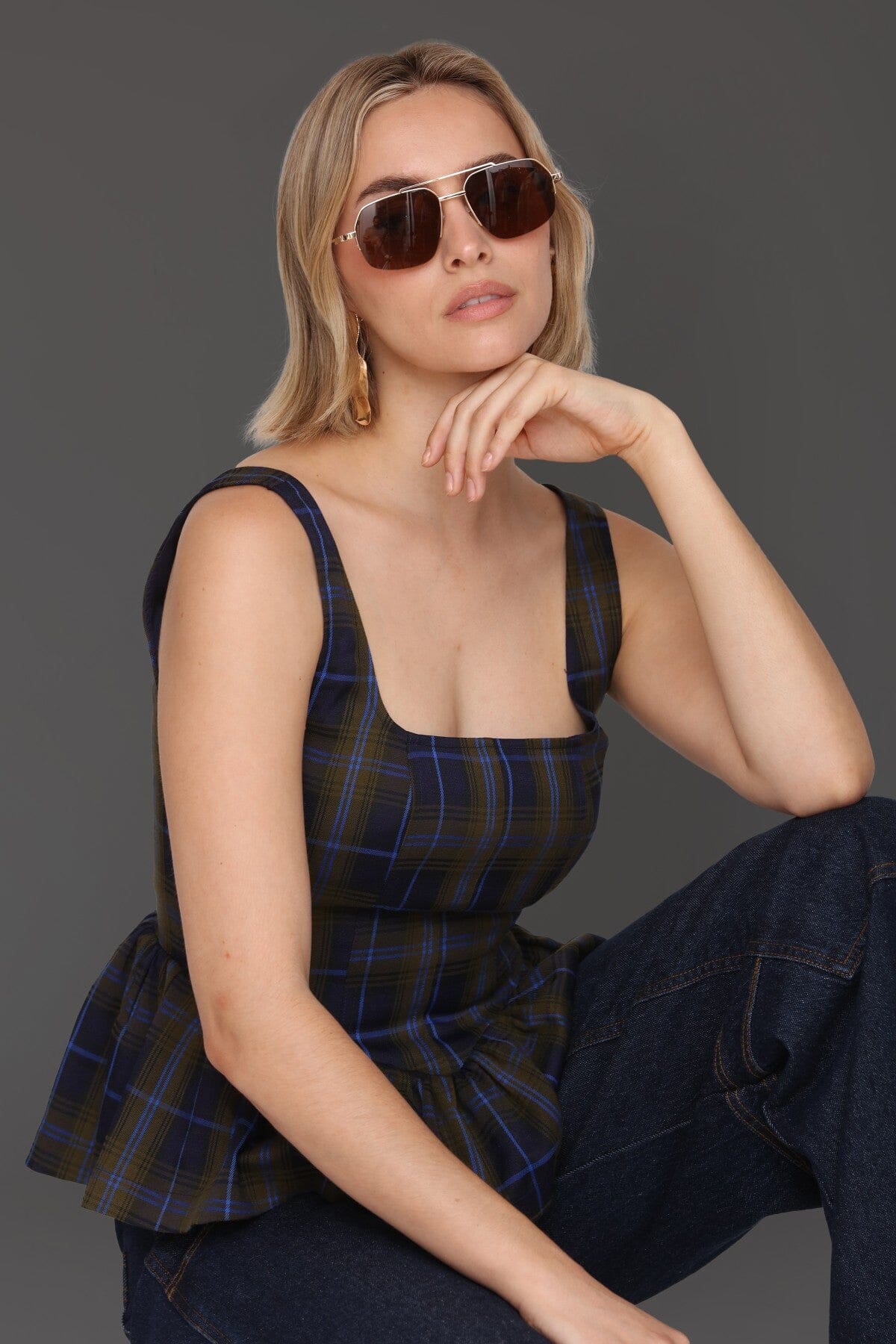 Plaid Sleeveless Peplum Top - Image 3