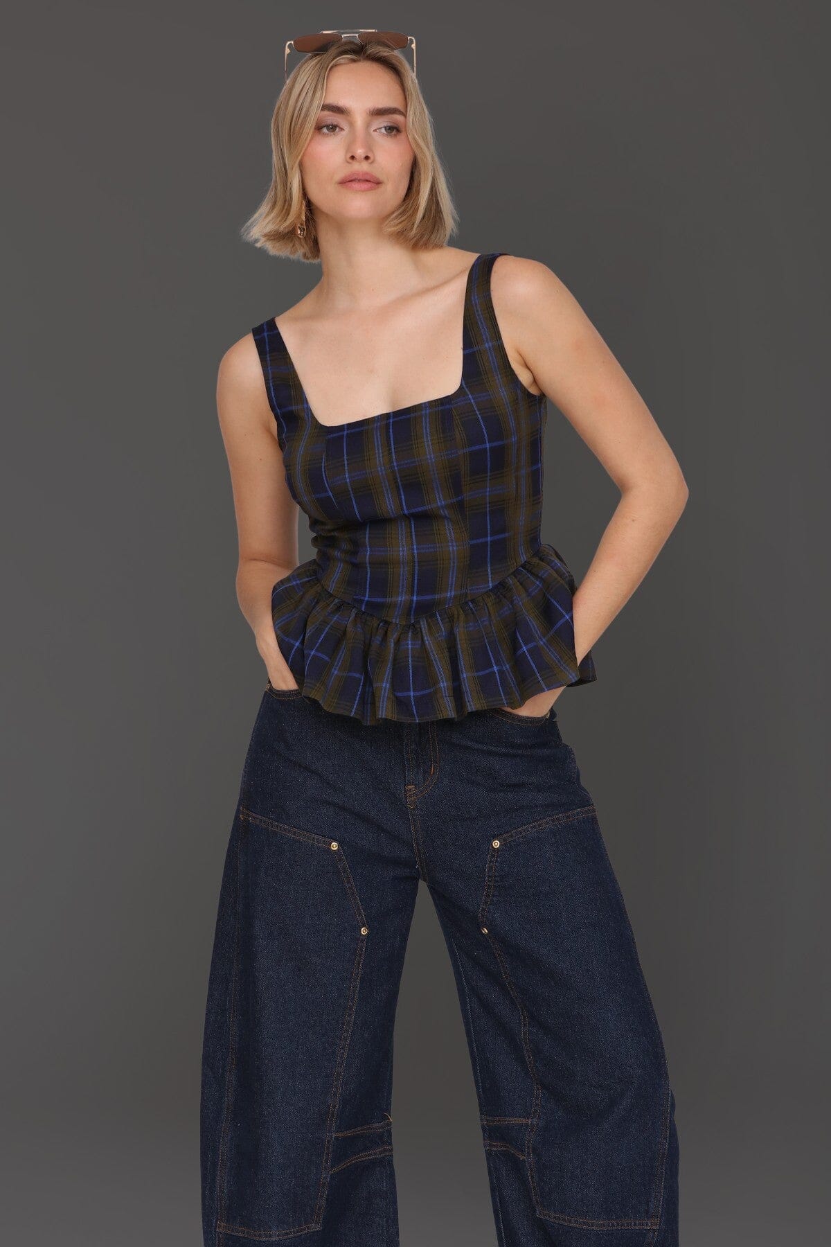 Plaid Sleeveless Peplum Top - Image 8