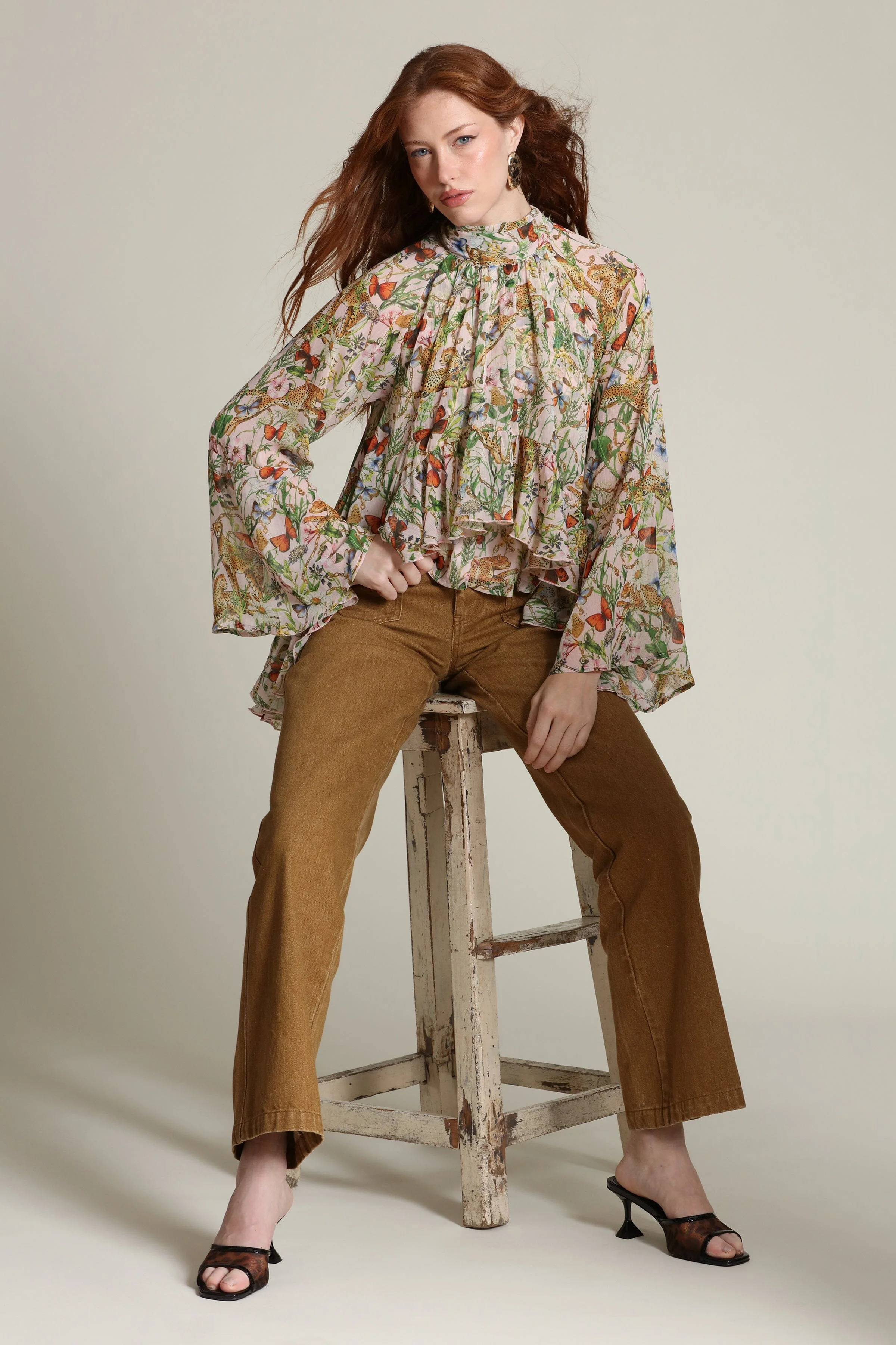 Botanical Print Chiffon Ruffle Blouse - Image 10