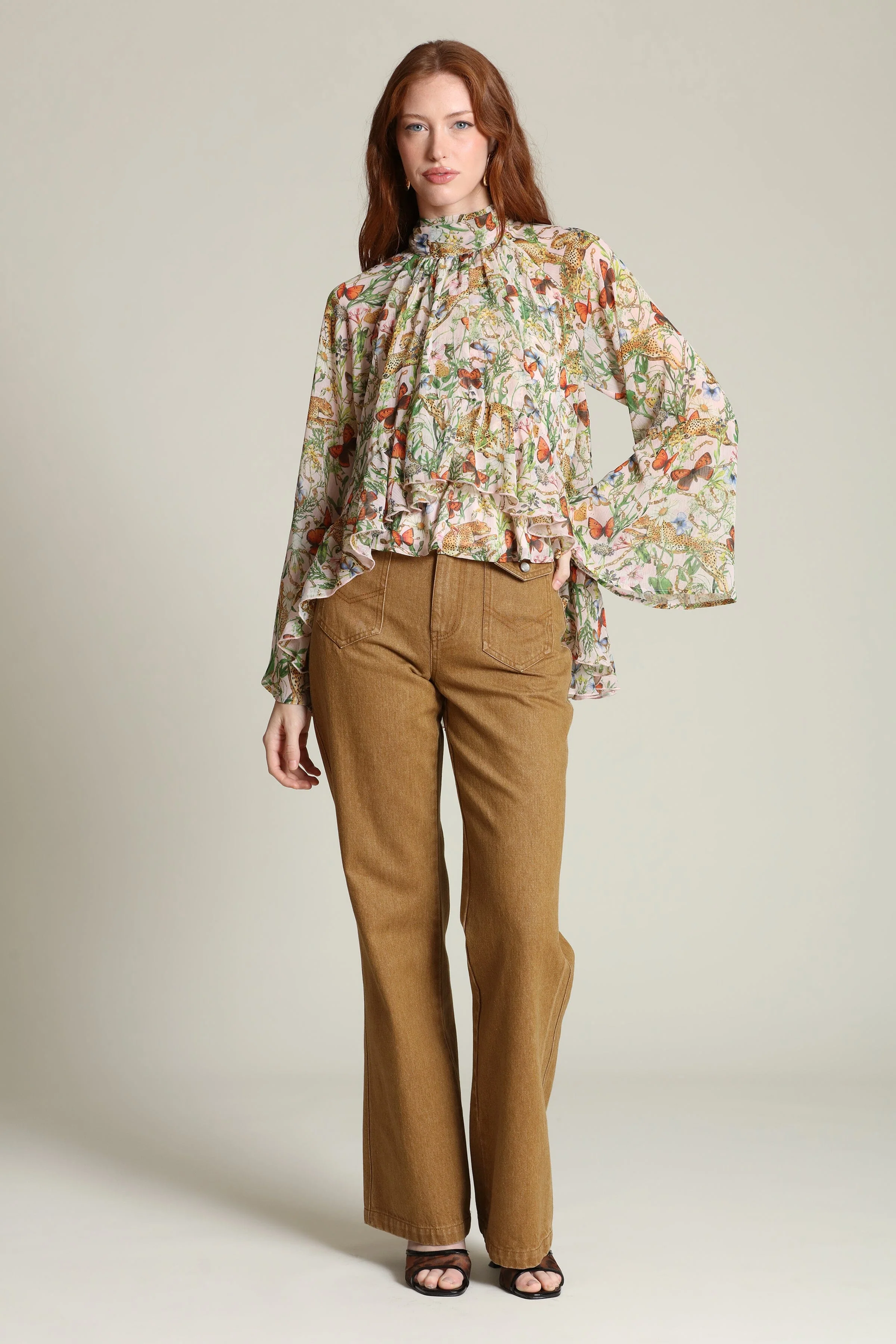 Botanical Print Chiffon Ruffle Blouse - Image 11