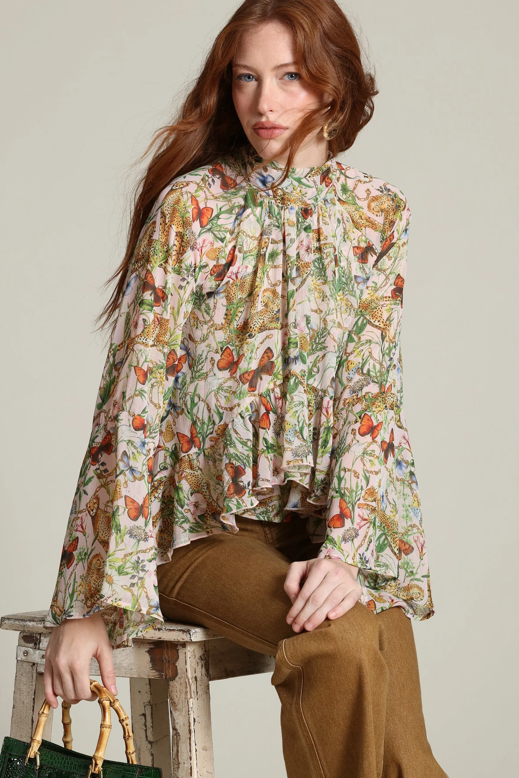 Botanical Print Chiffon Ruffle Blouse - Image 4
