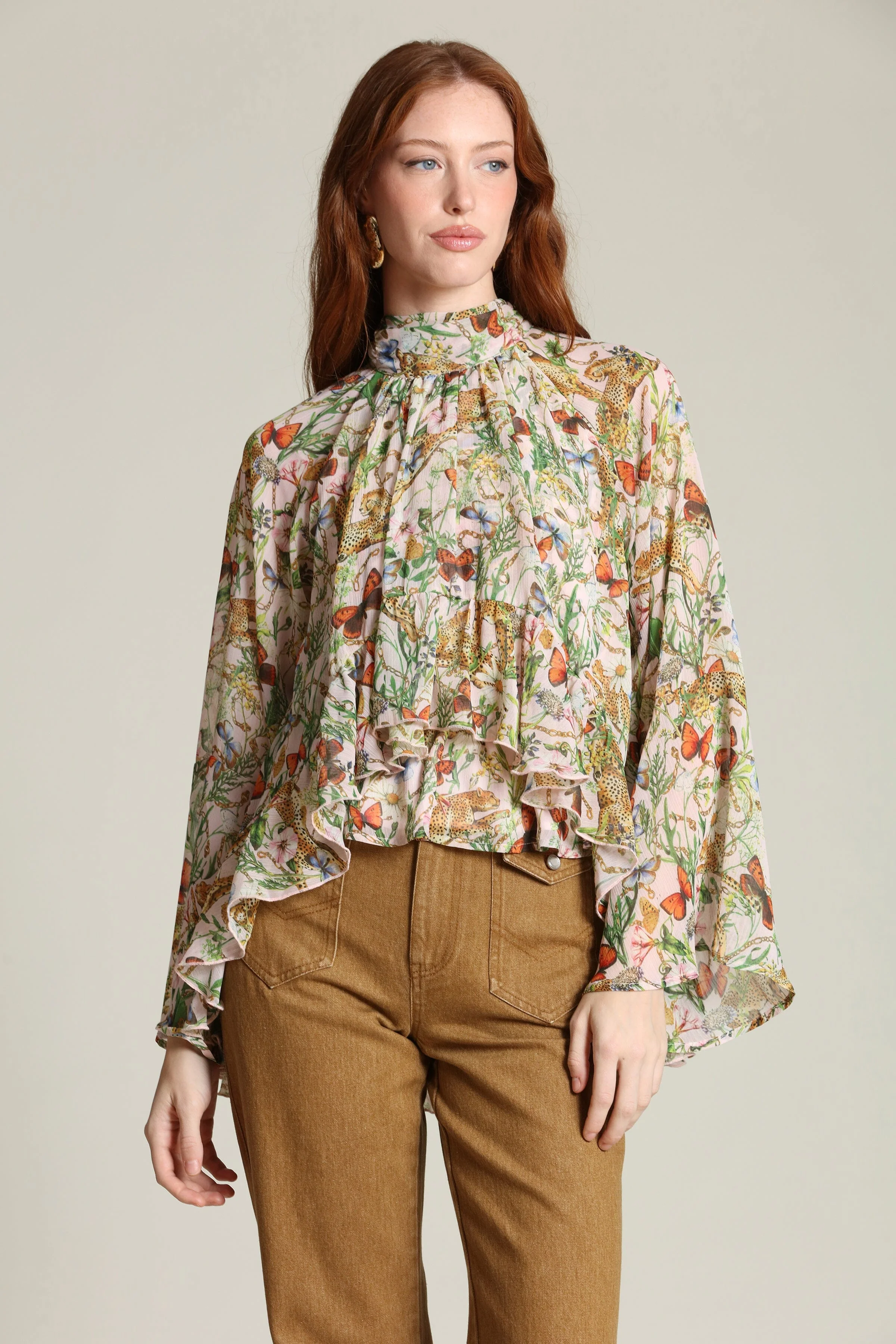 Botanical Print Chiffon Ruffle Blouse - Image 5