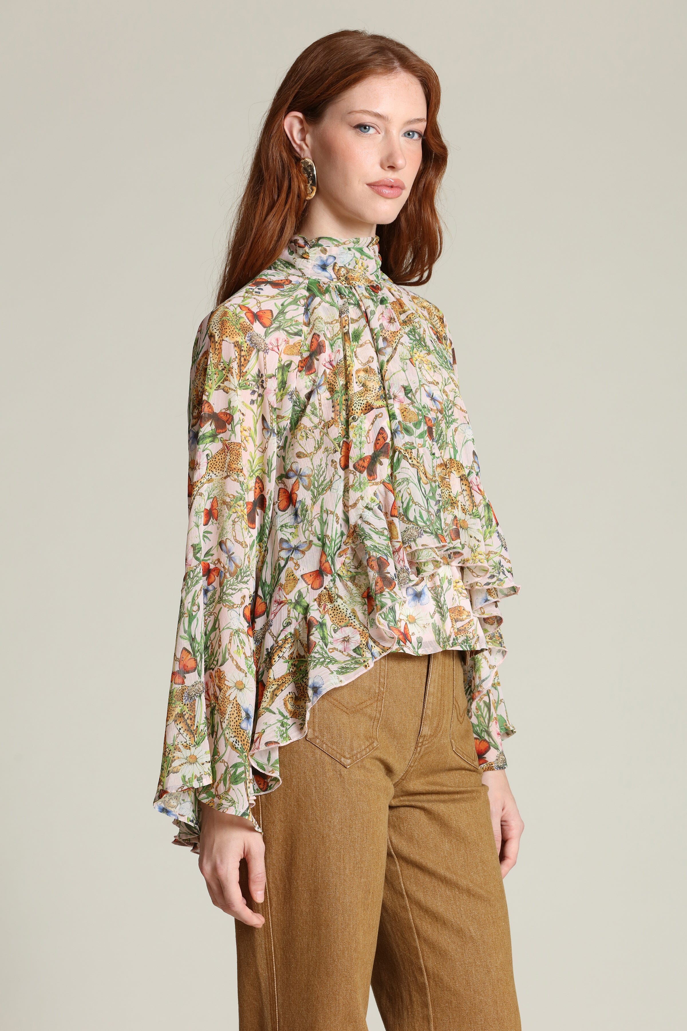 Botanical Print Chiffon Ruffle Blouse - Image 6
