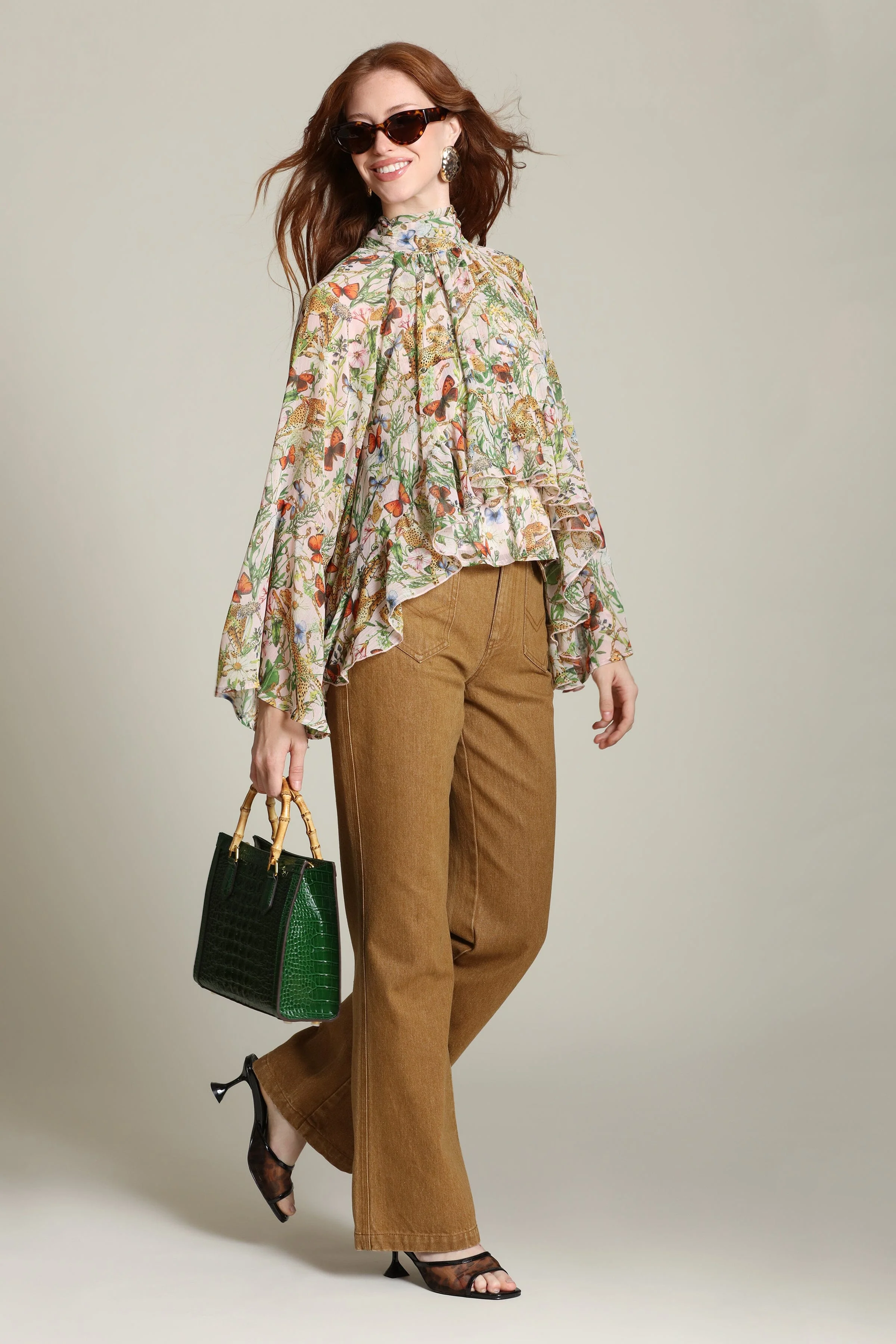 Botanical Print Chiffon Ruffle Blouse - Image 9