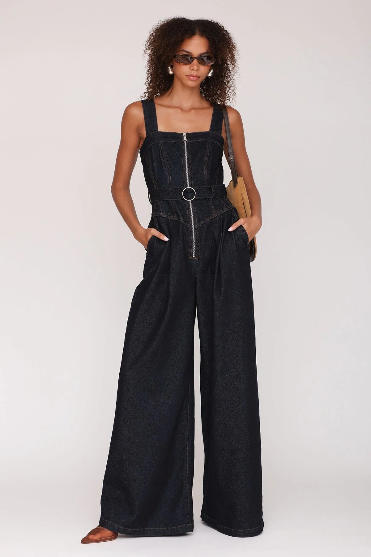 Zip-Front Wide Leg Denim Jumpsuit - Image 3