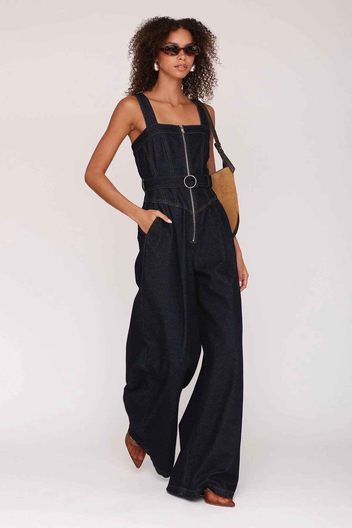 Zip-Front Wide Leg Denim Jumpsuit - Image 4