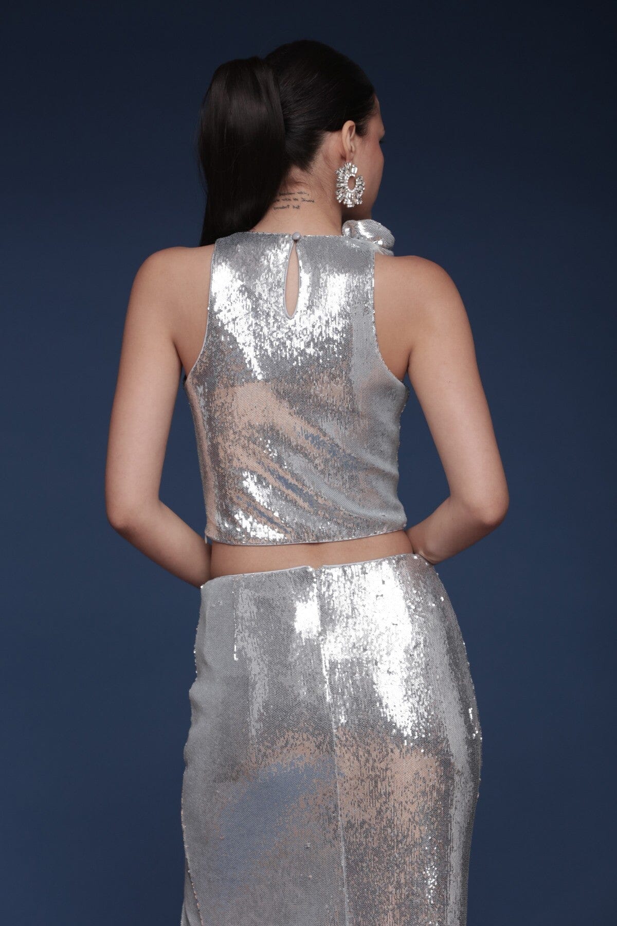 Rosette Embellished Sequin Crop Top - Image 5