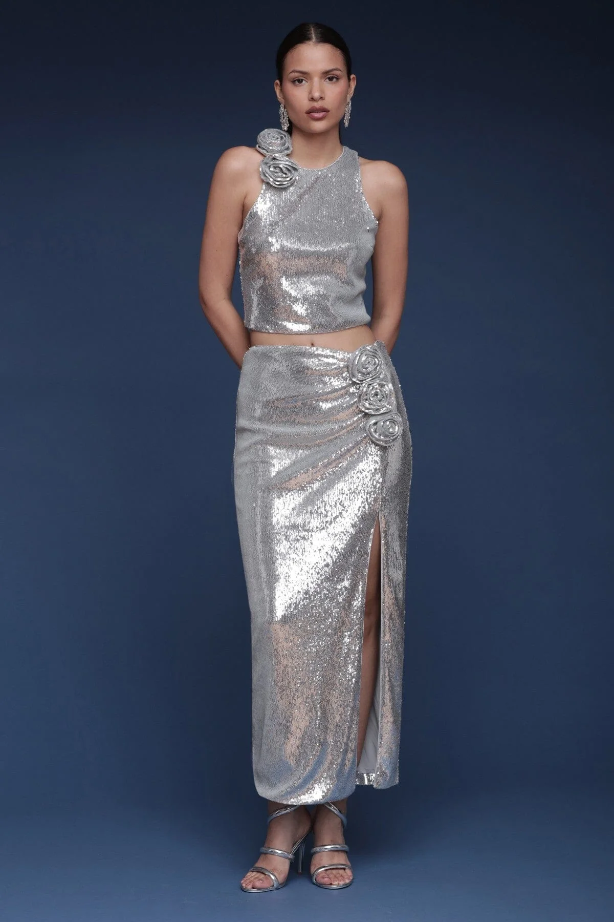 Rosette Embellished Sequin Crop Top - Image 6