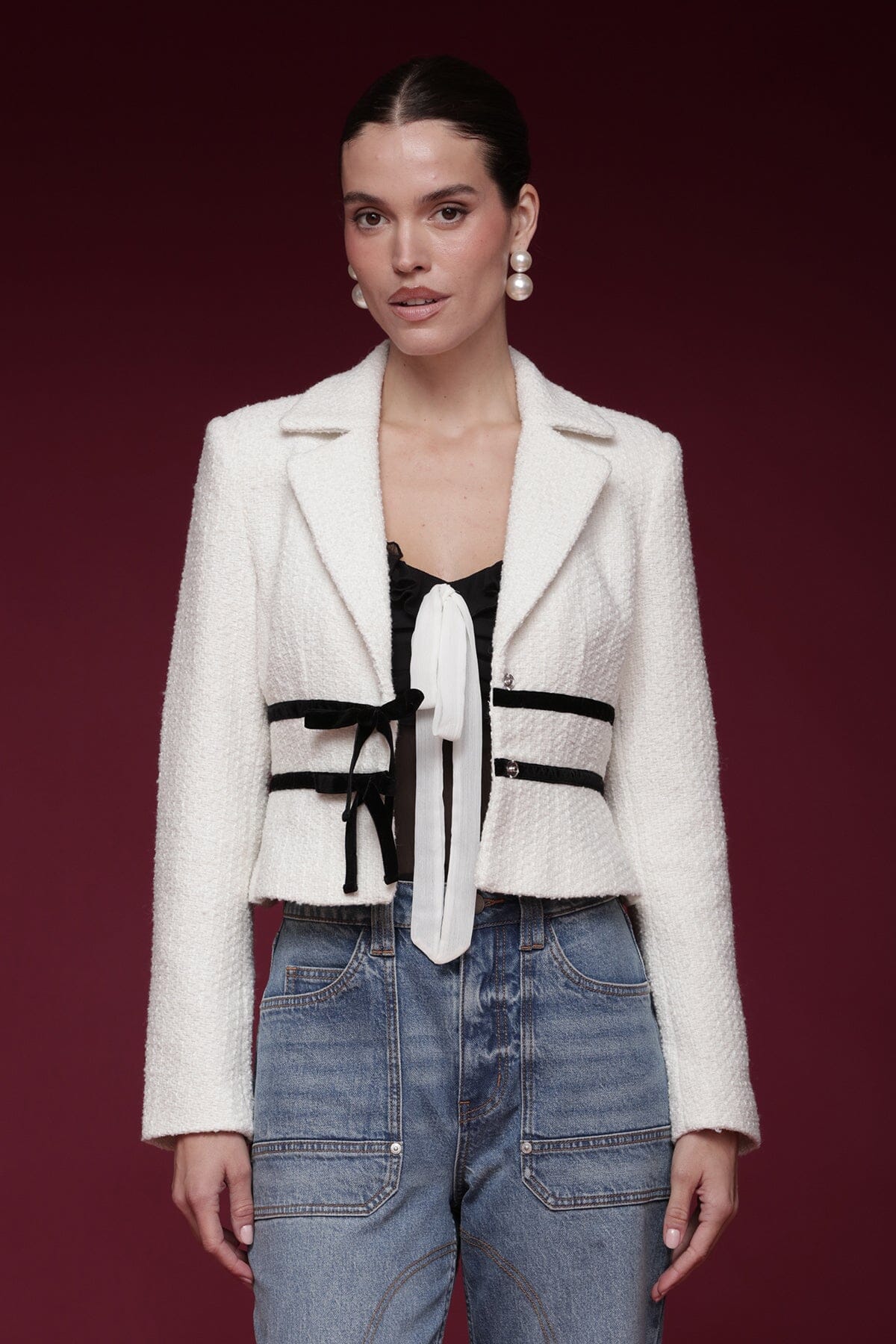 Velvet Bow Trim Tweed Jacket - Image 3