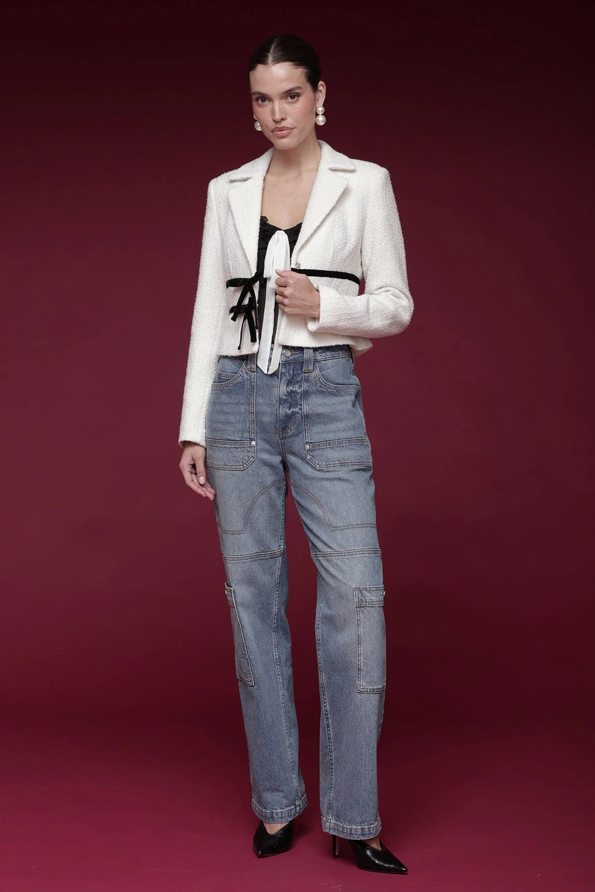 Velvet Bow Trim Tweed Jacket - Image 8