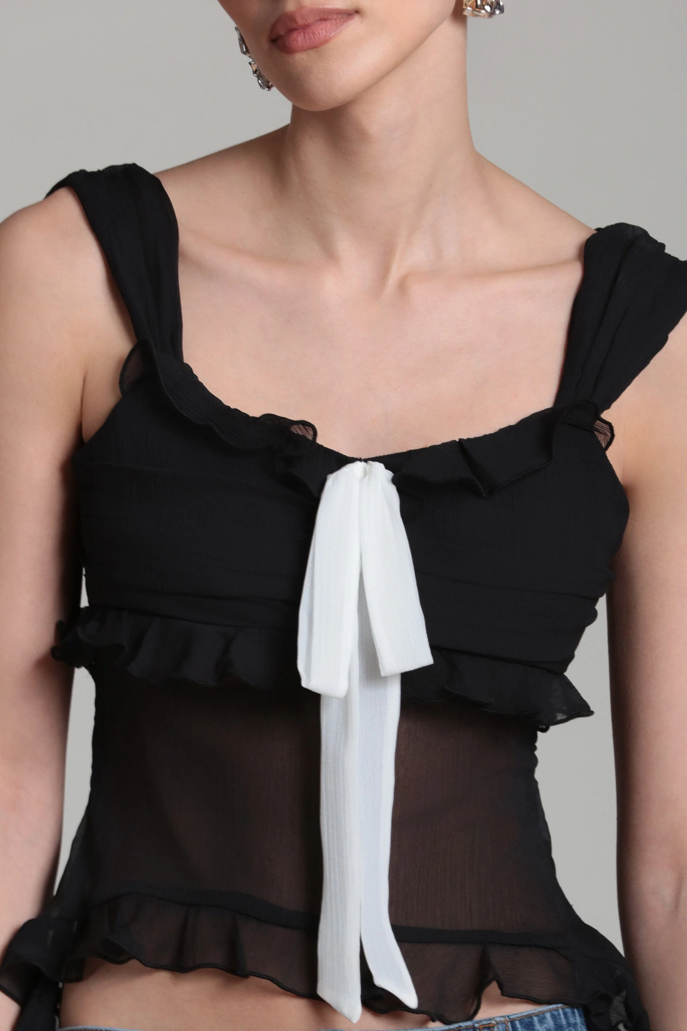 Contrast Bow Ruffle Chiffon Top - Image 4