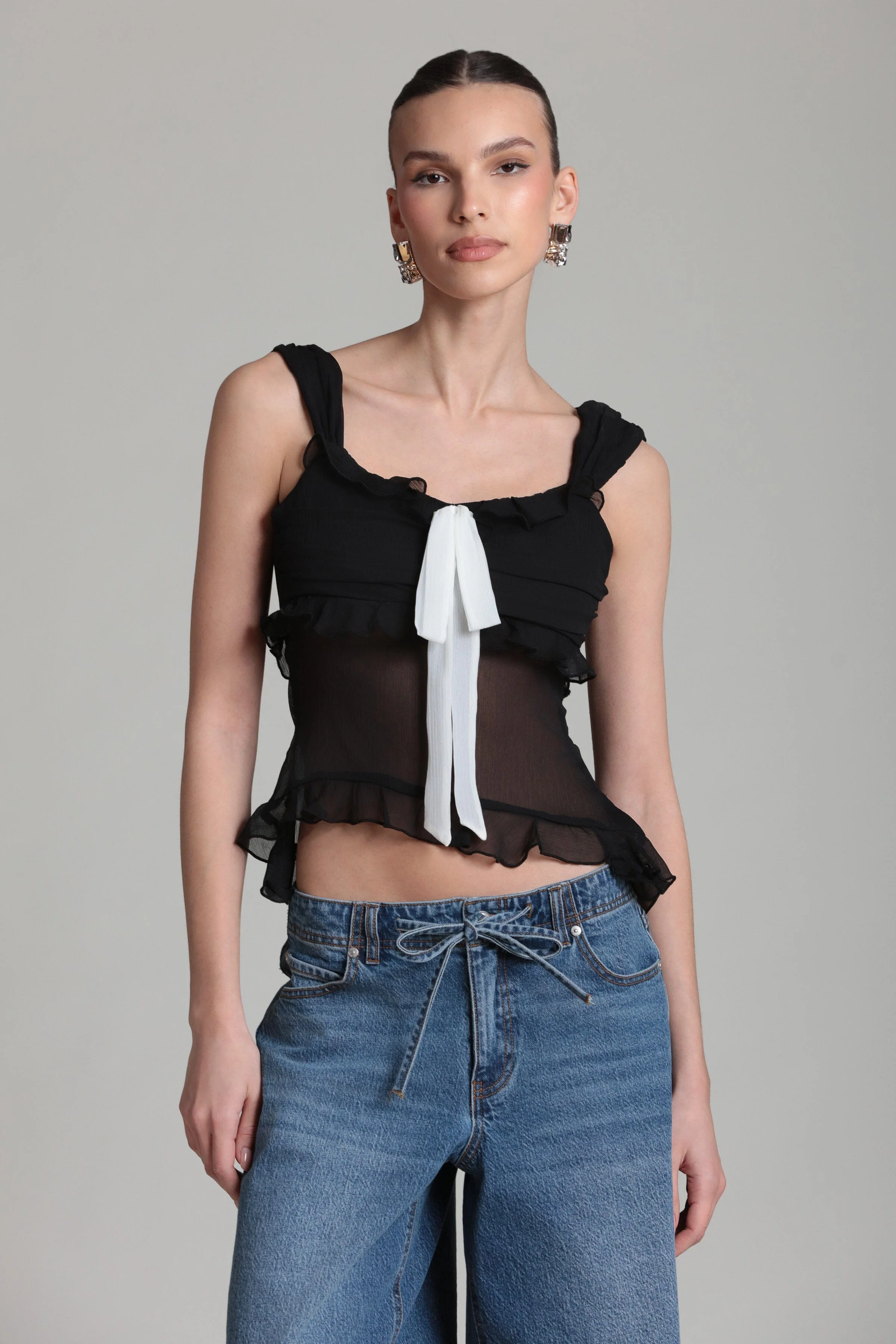Contrast Bow Ruffle Chiffon Top - Image 5