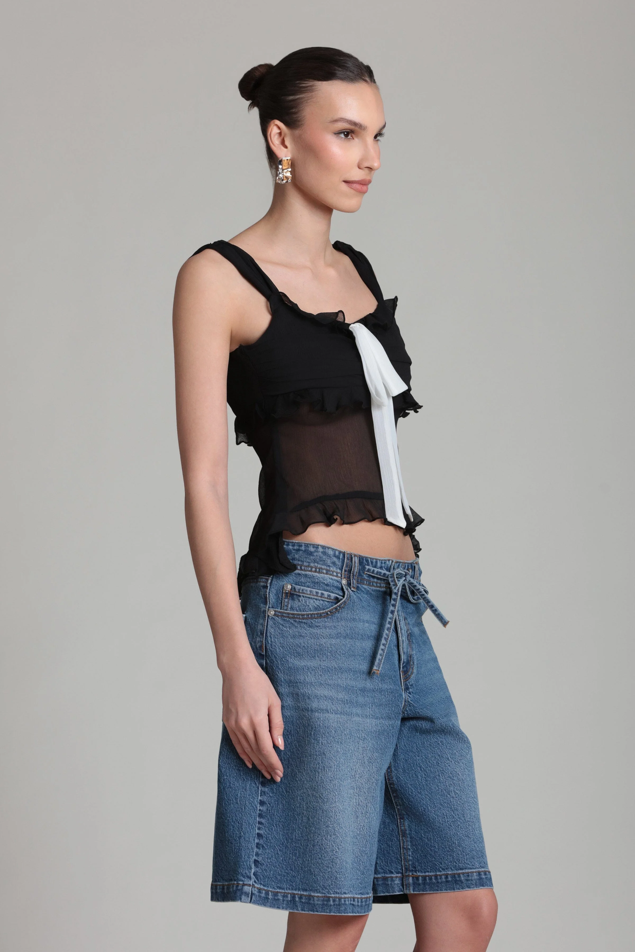 Contrast Bow Ruffle Chiffon Top - Image 7