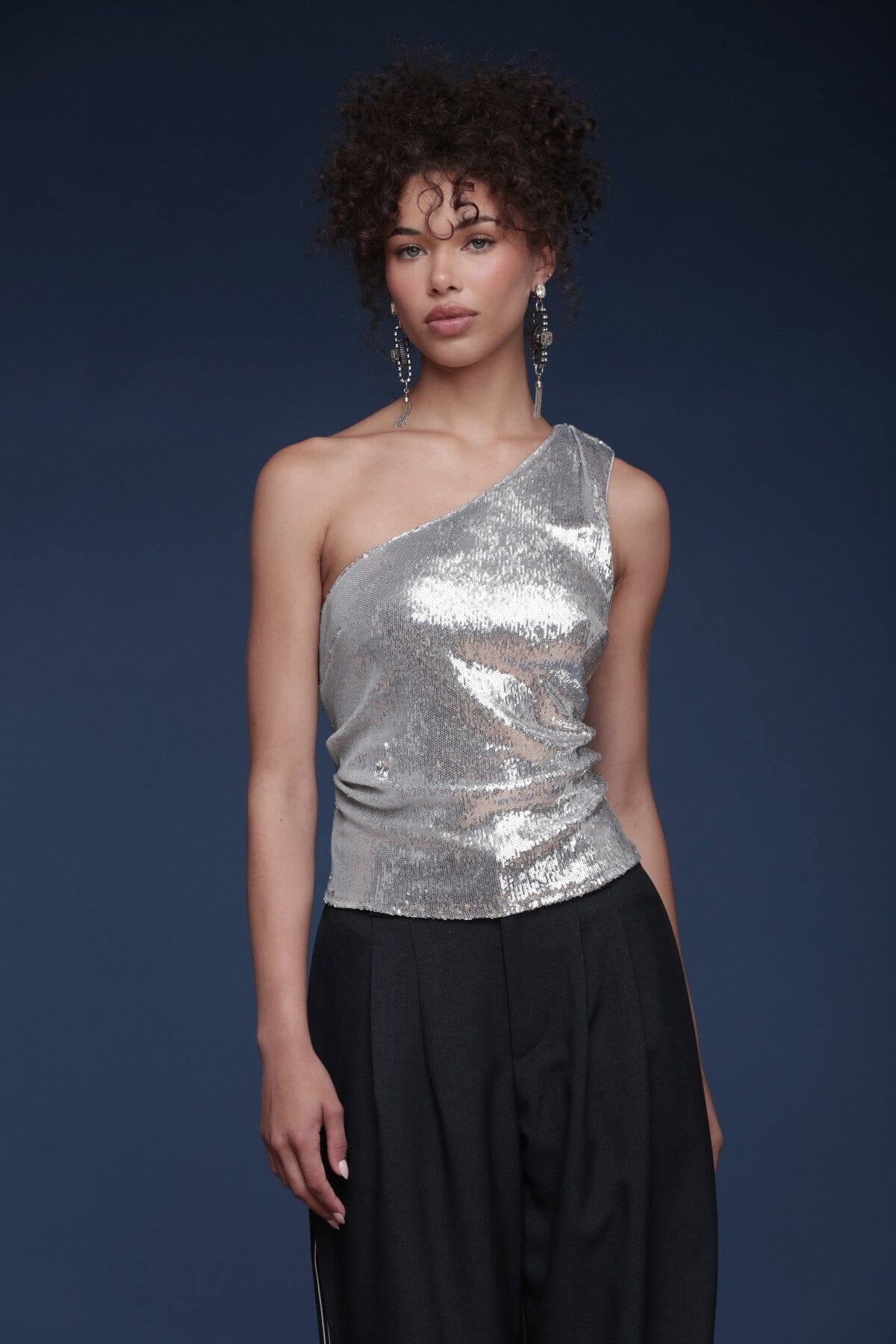 One Shoulder Sequin Ruched Top - Image 3
