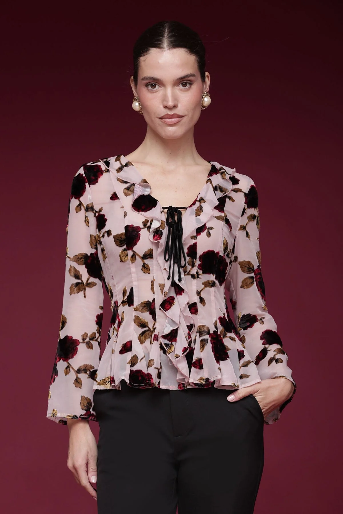 Floral Velvet Ruffle Blouse - Image 3
