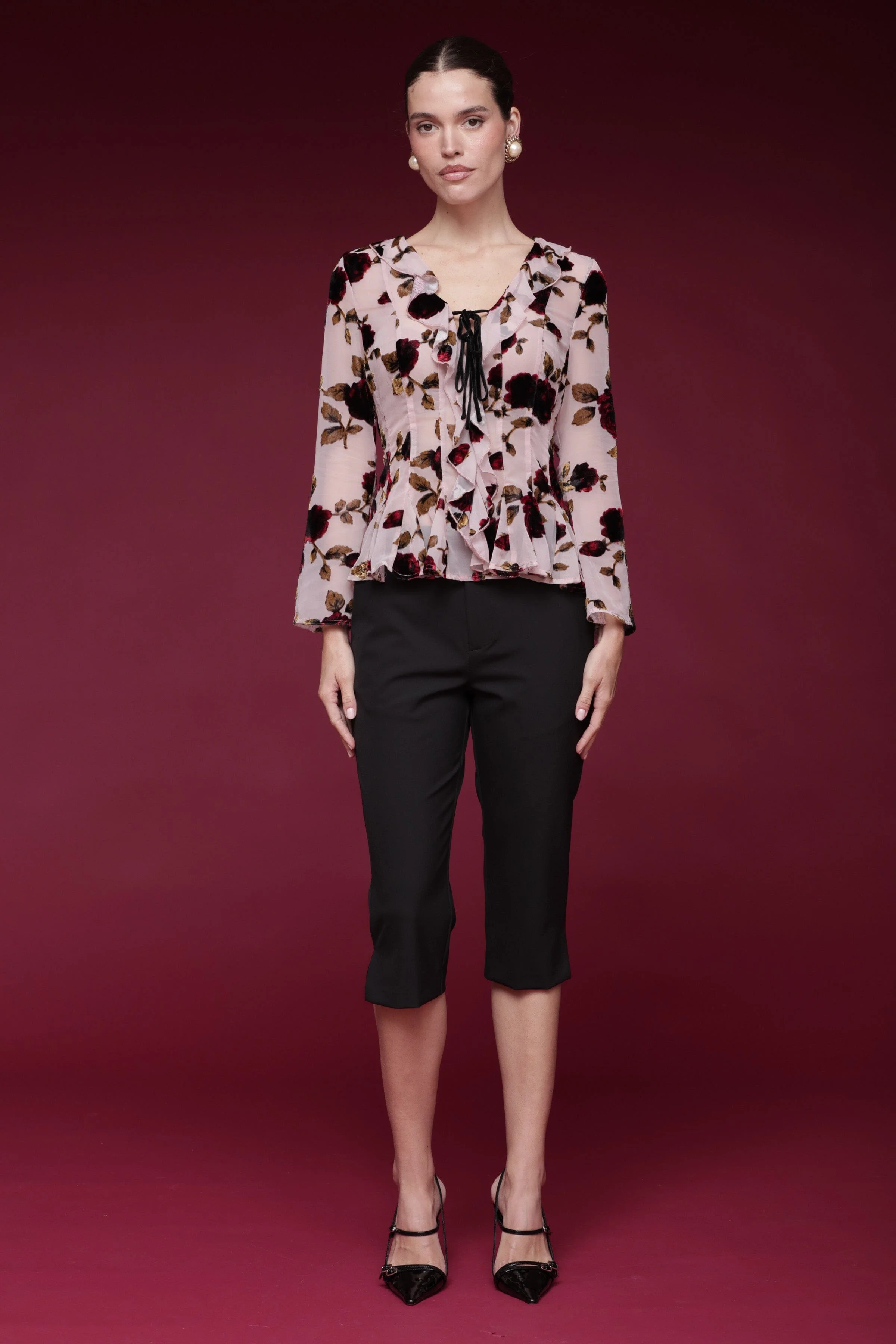 Floral Velvet Ruffle Blouse - Image 7