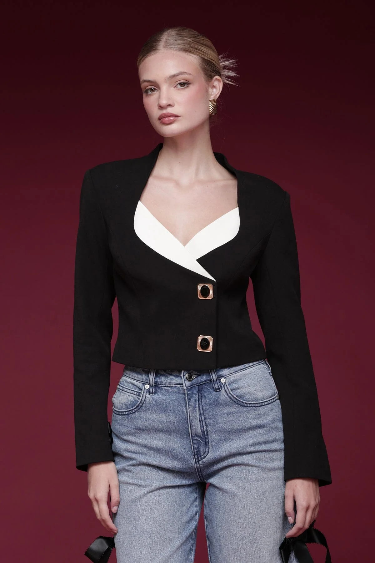 Contrast Lapel Novelty Button Blazer - Image 3