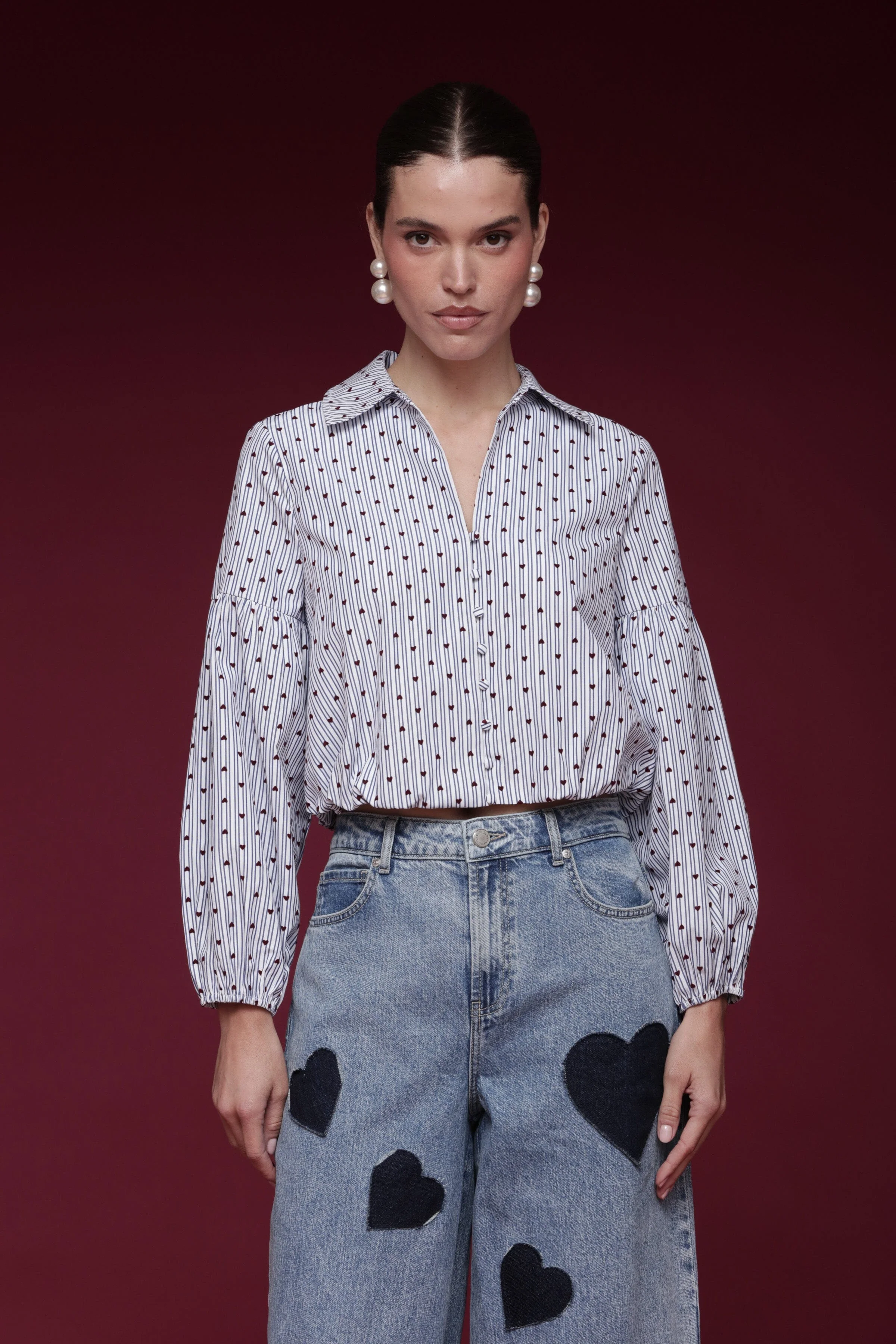 Heart Print Puff Sleeve Cropped Shirt - Image 3