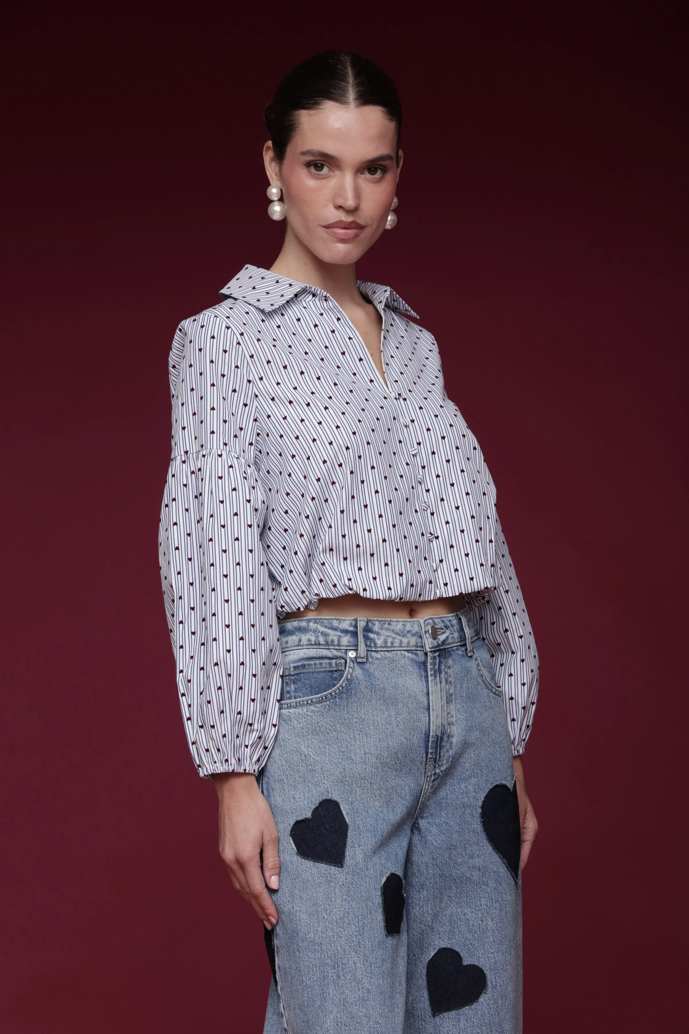 Heart Print Puff Sleeve Cropped Shirt - Image 4