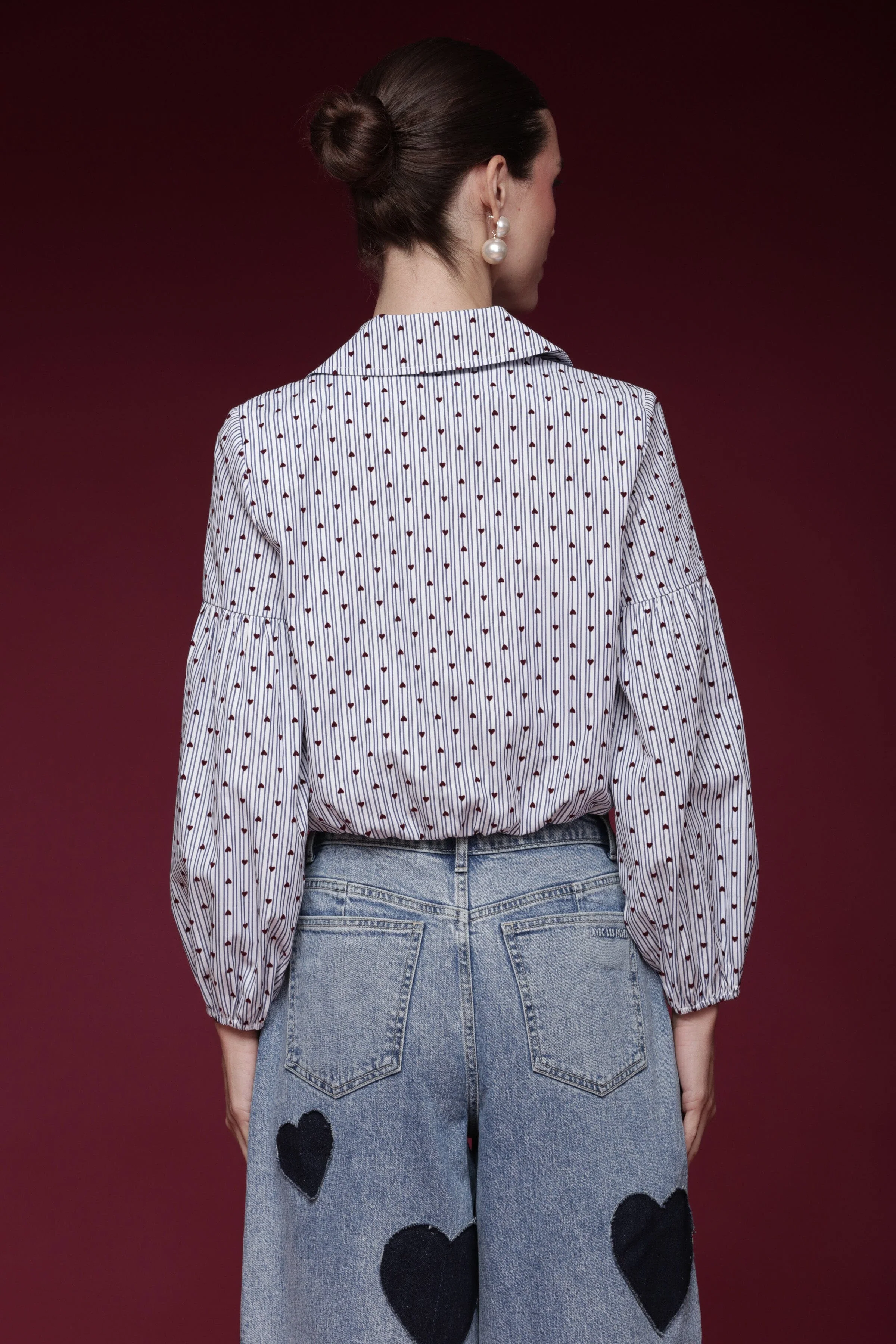 Heart Print Puff Sleeve Cropped Shirt - Image 5