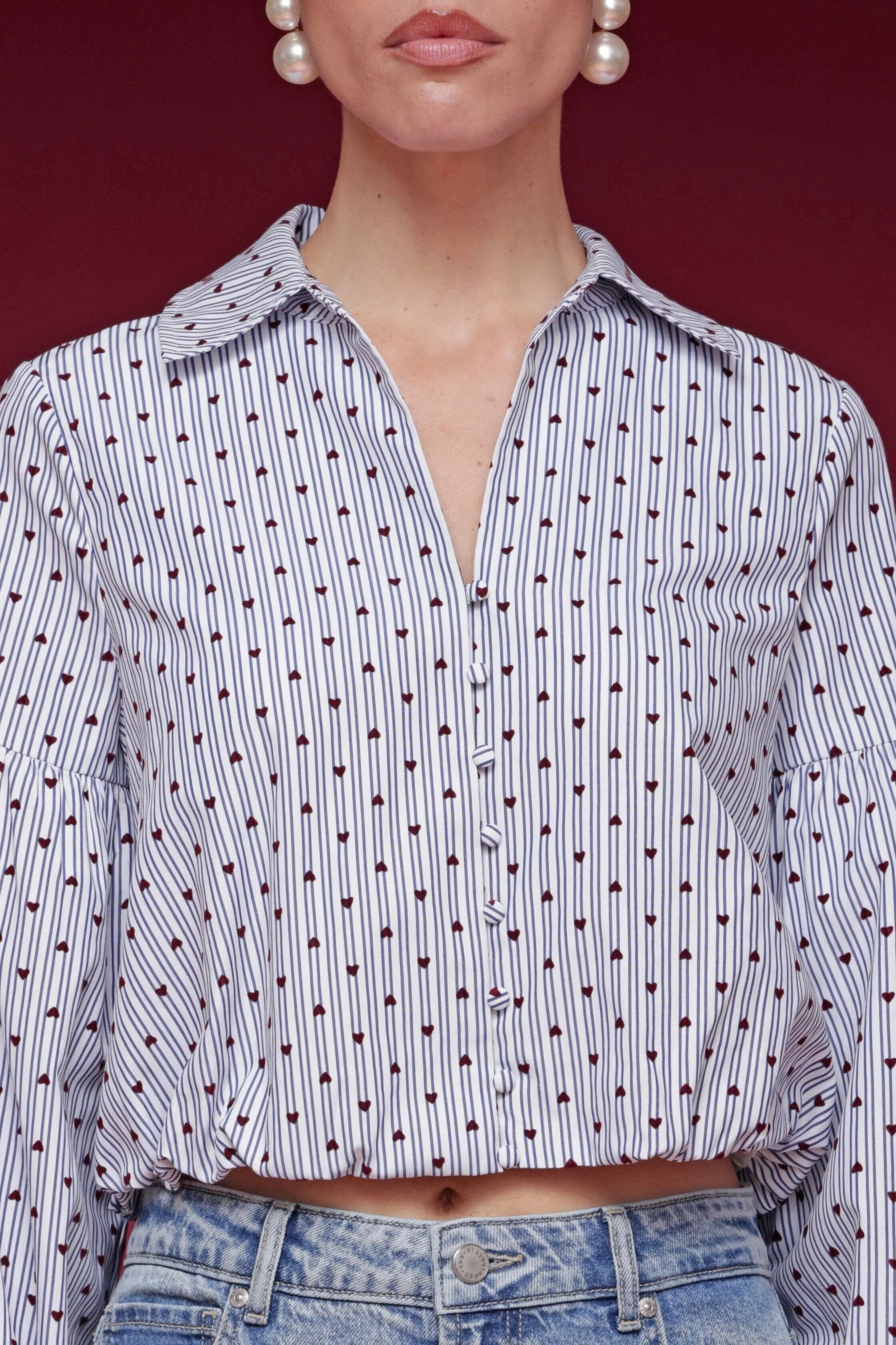 Heart Print Puff Sleeve Cropped Shirt - Image 6