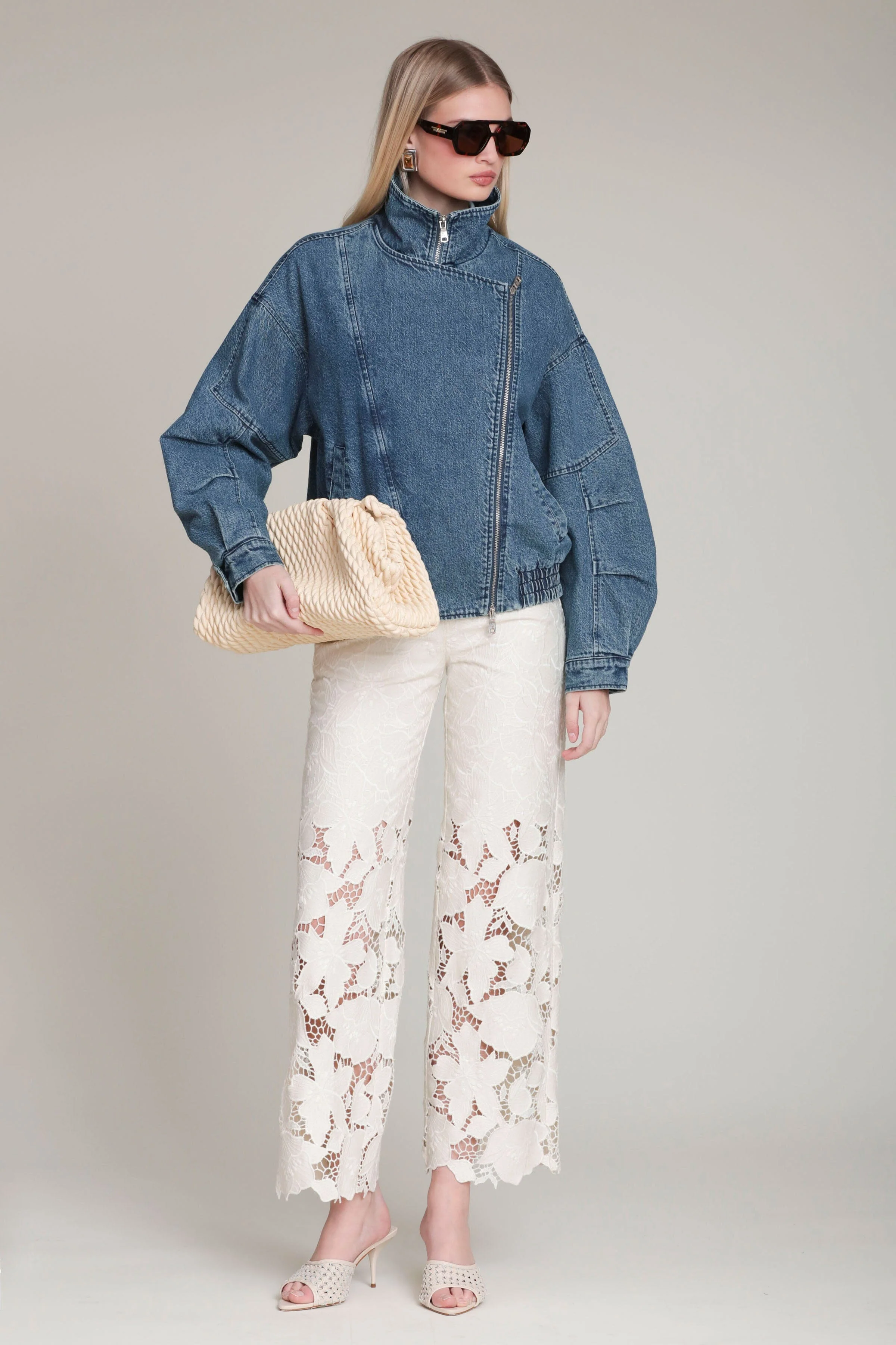 Washed Denim Asymmetric Bomber Jacket - Image 3