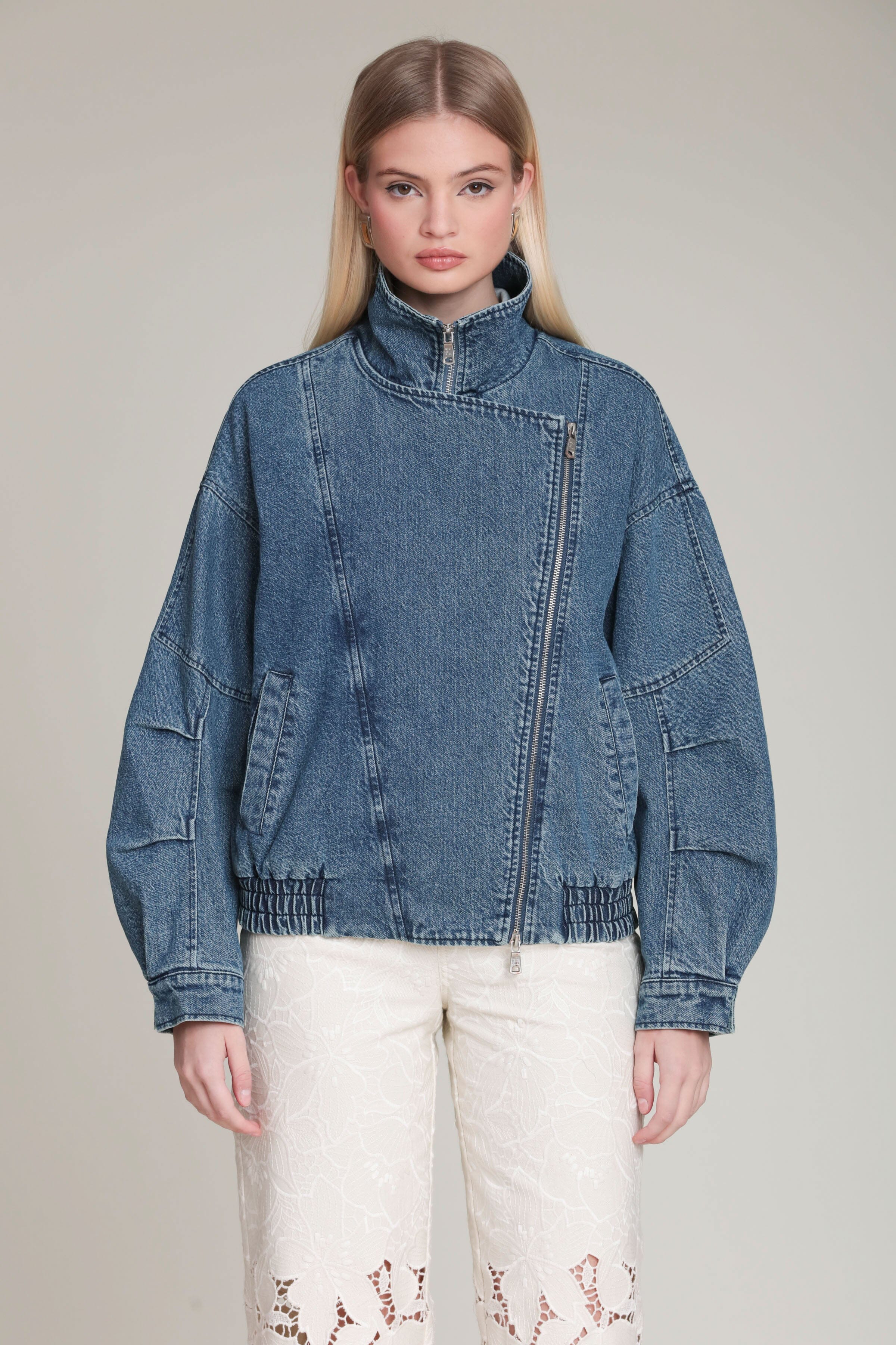 Washed Denim Asymmetric Bomber Jacket - Image 4