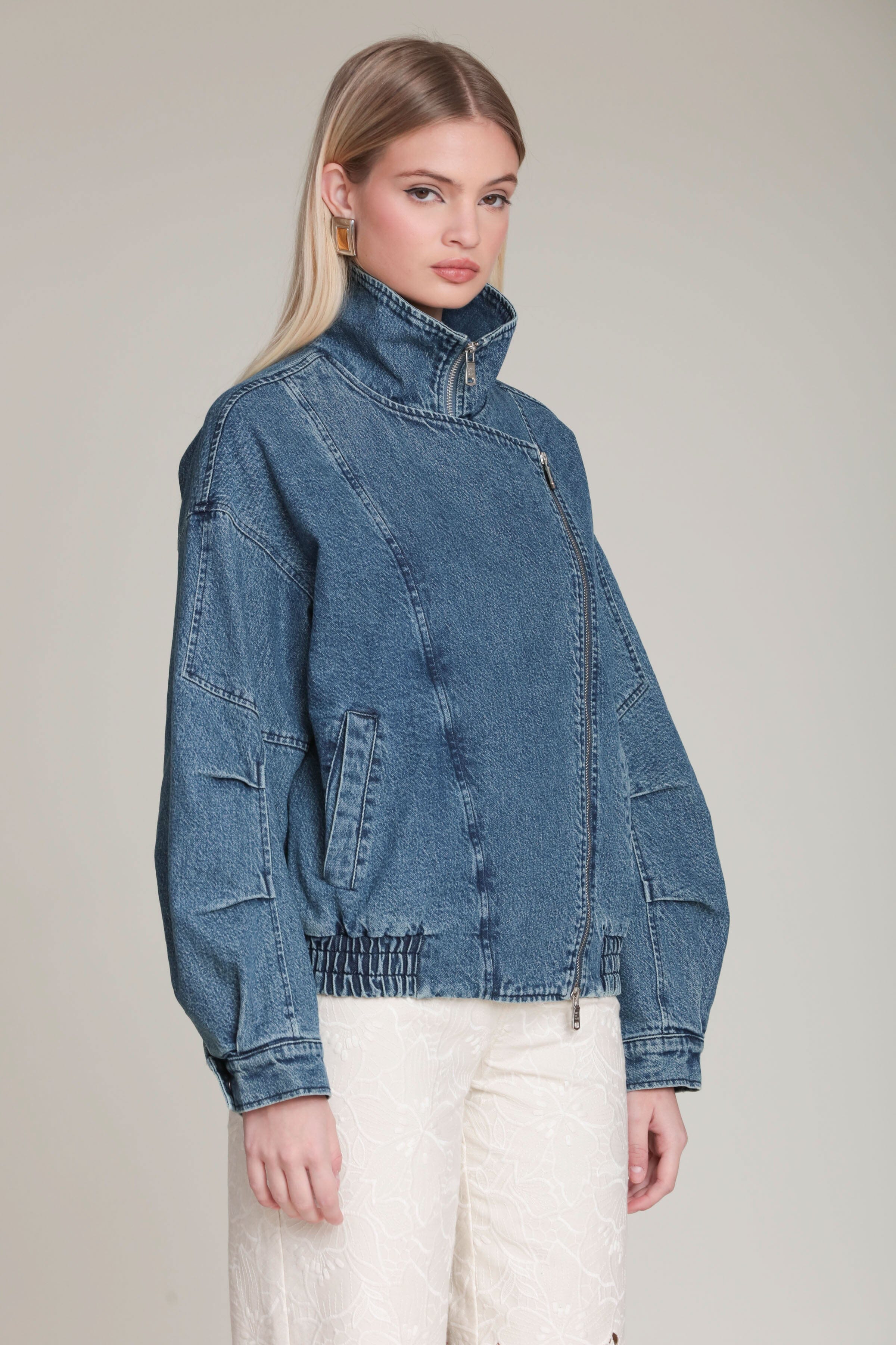 Washed Denim Asymmetric Bomber Jacket - Image 5