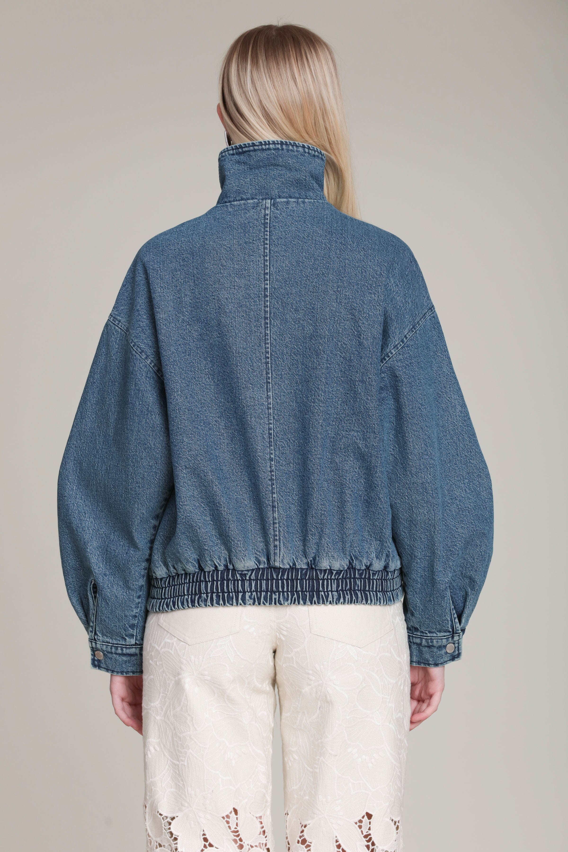 Washed Denim Asymmetric Bomber Jacket - Image 6